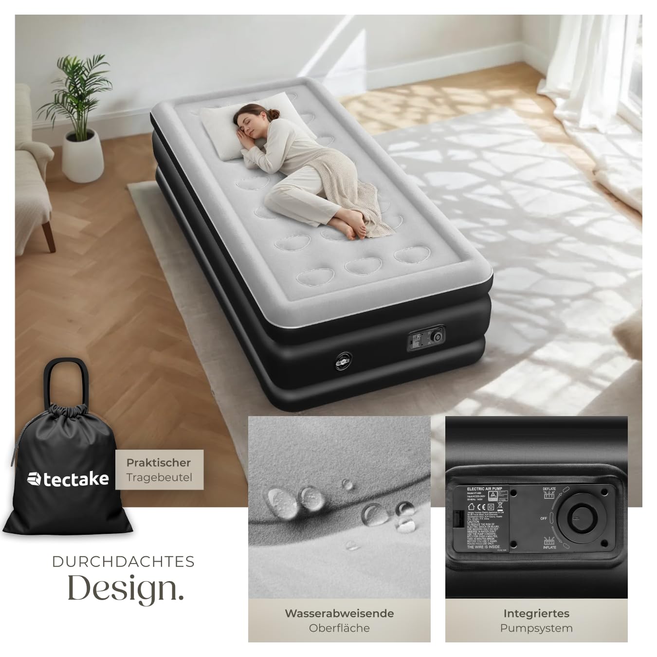tectake® aufblasbare Matratze, Schlafmatratze, Bett mit Elektropumpe, Luftmatratze selbstaufblasend, Luftbett, Reisebett für Camping, als Gästebett, mit Transporttasche - 200 x 101 x 44 cm