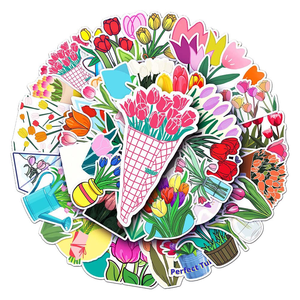 Qaxrocyn Tulip50 Colorful Tulip Flower Vinyl Stickers, 50 Pcs Spring Tulip Bouquet Decals For Laptops, Journals, Water Bottles, Scrapbooking, Planners & Diy Decor