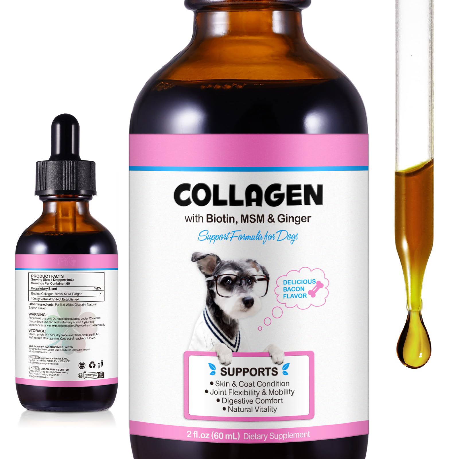 Liquid Collagen for Dogs - Bacon Flavour Dog Collagen Drops with Biotin, MSM, Ginger, Supports Joint Mobility, Skin, Coat, Comfort & Digestive Function for All Breeds & Sizes
