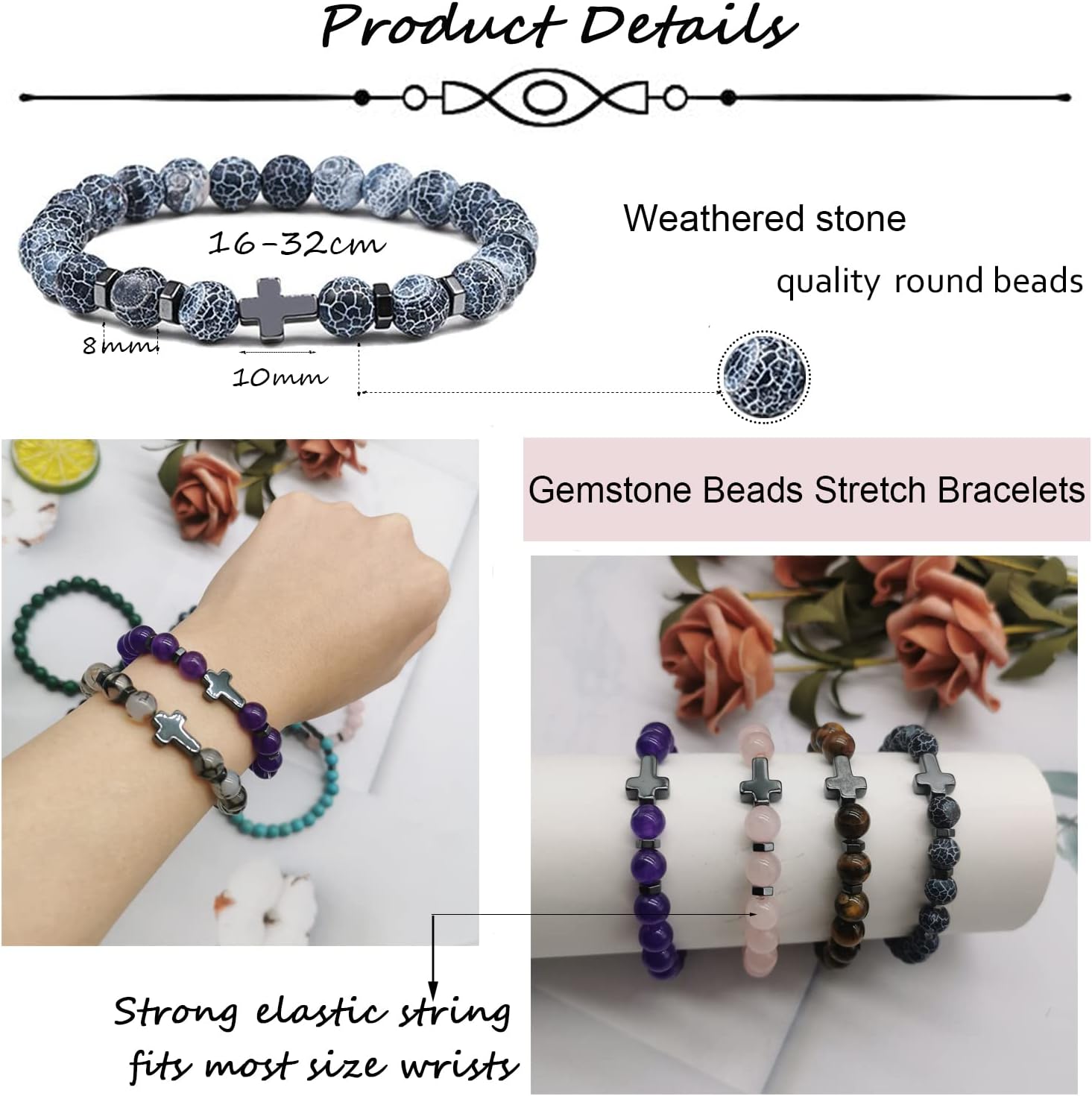SAMOCO 12Pcs Natural Stone Beaded Bracelets for Women Men Semi-Precious Gemstones Crystal Bracelets Easter Basket Stuffers Cross Beaded Bracelet Unisex Adjustable Stretch Bracelets 8MM - Image 3