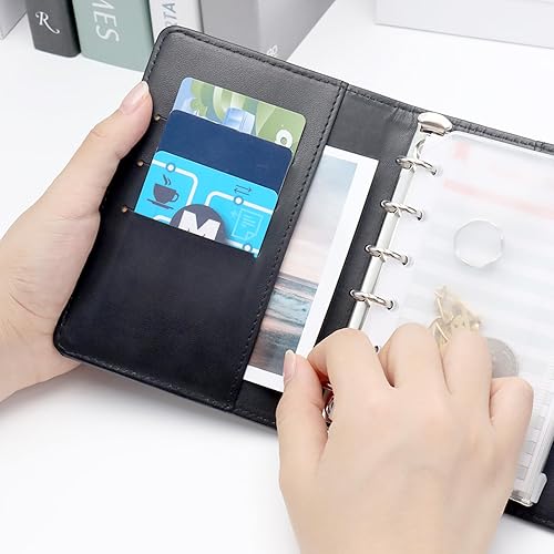 Miniatura 4 de NatSumeBasics Carpeta negra A7, sobres para efectivo, carpeta de presupuesto, piel sintética de cocodrilo, 6 anillos, para planificador,