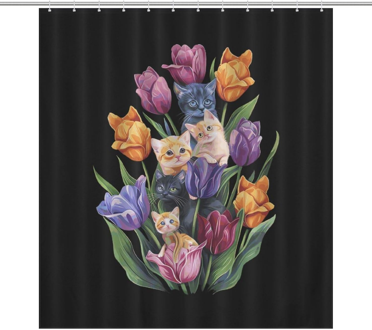 Cat Tulips-Flowers Funny Shower Curtains Washable Bath Curtain Liner with Hooks for Bathroom Bath Tubs 66x72Inch（168x183cm）