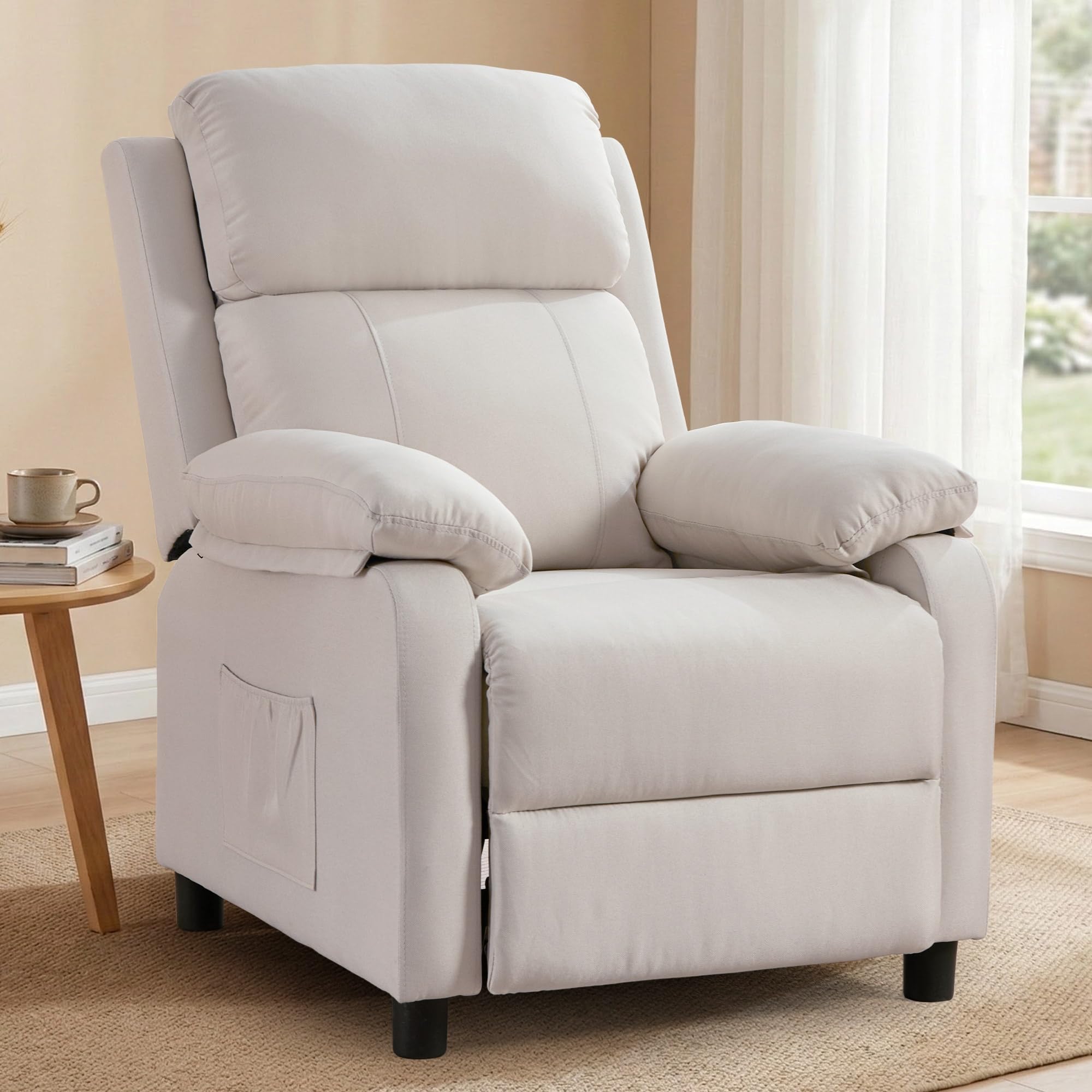 Korser Recliner Chair, Reading Chair for Adults with Side Pockets, Recliners with Padded Deep Seat, Small Recliners for Small Spaces, Linen Fabric Comfy Chair for Bedroom, Living Room, and RV
