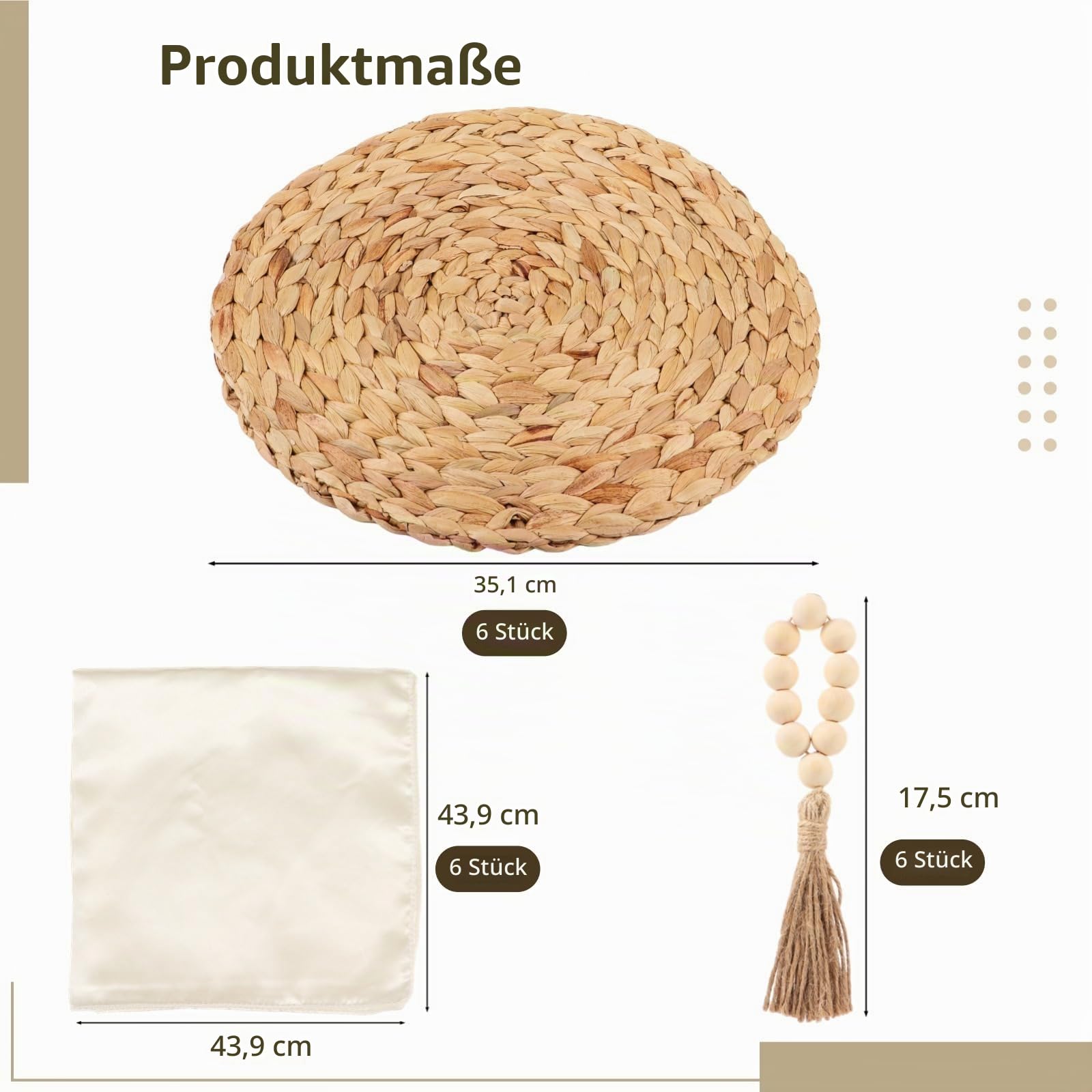 6-teiliges Boho-Wasserhyazinthen-Set, runde geflochtene Tischsets mit Holzperlen-Serviettenringen & Dinner-Servietten, farmhouseartige, hitzebeständige Tischsets