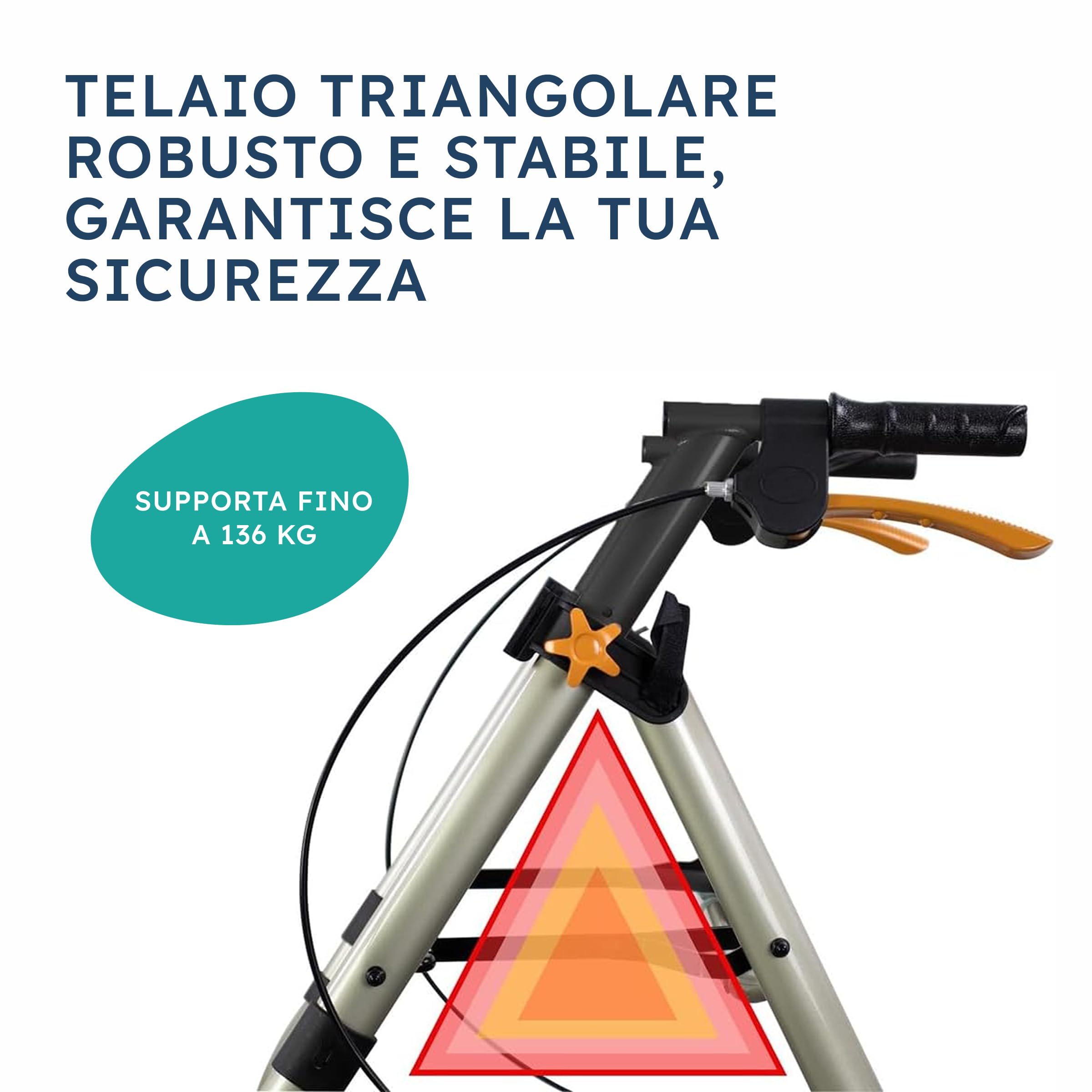 SPES Rollator Deambulatore in Acciaio Robusto (9 kg) - Ausilio Pieghevole Silver con Seduta Imbottita e Grandi Ruote Stabili (20 cm) - Freni Sicuri, Cestino e Porta Bastone (Portata 136 kg)