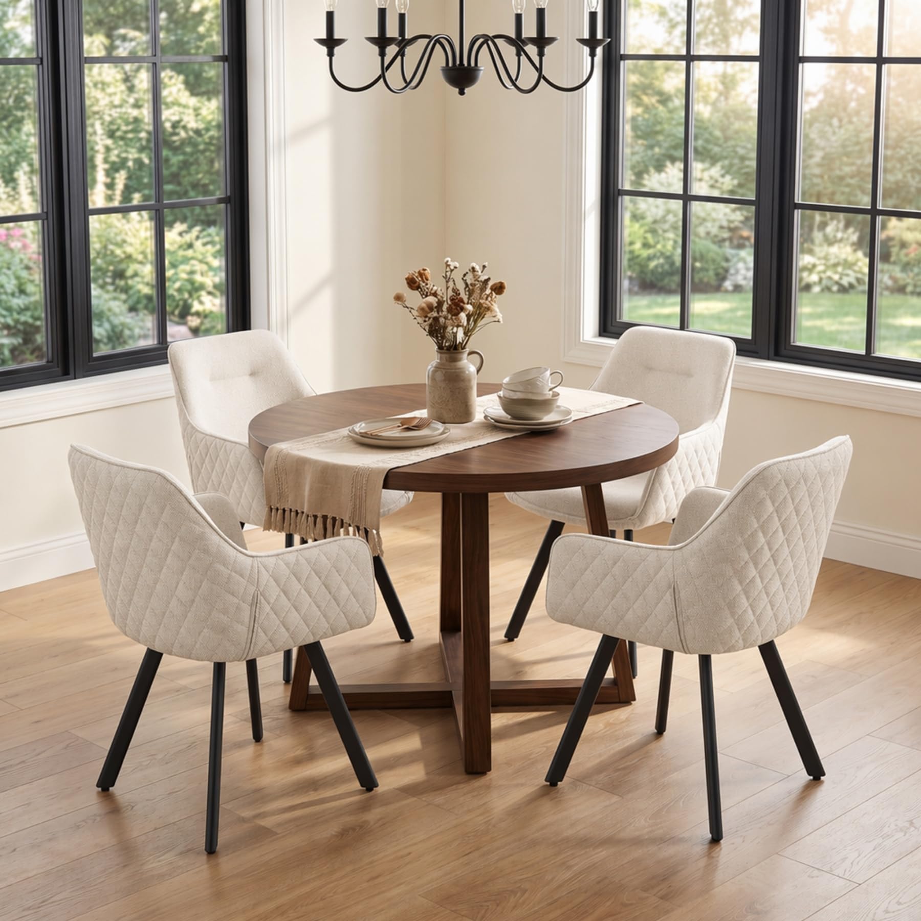 Sillas de Comedor Giratorias Pack de 2, Butacas Tapizadas con Reposabrazos, Moderna de Tela y Metal, para Salón, Beige