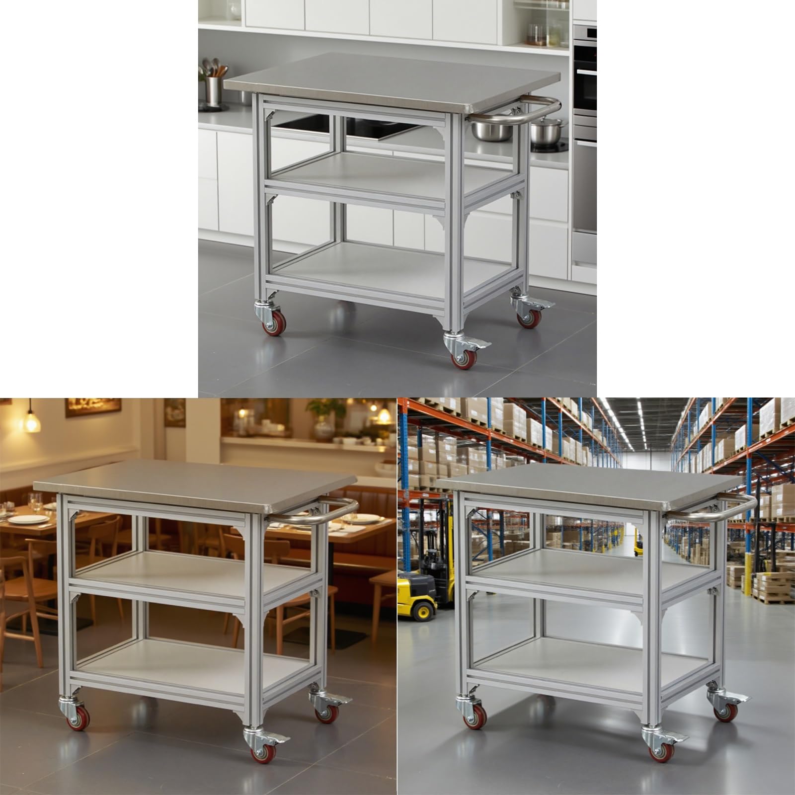 Banco de Trabajo Móvil con Ruedas Y Superficie de Acero Inoxidable Carro de para Taller con Estructura de Aluminio Mesa de Embalaje para Almacén con Asa
