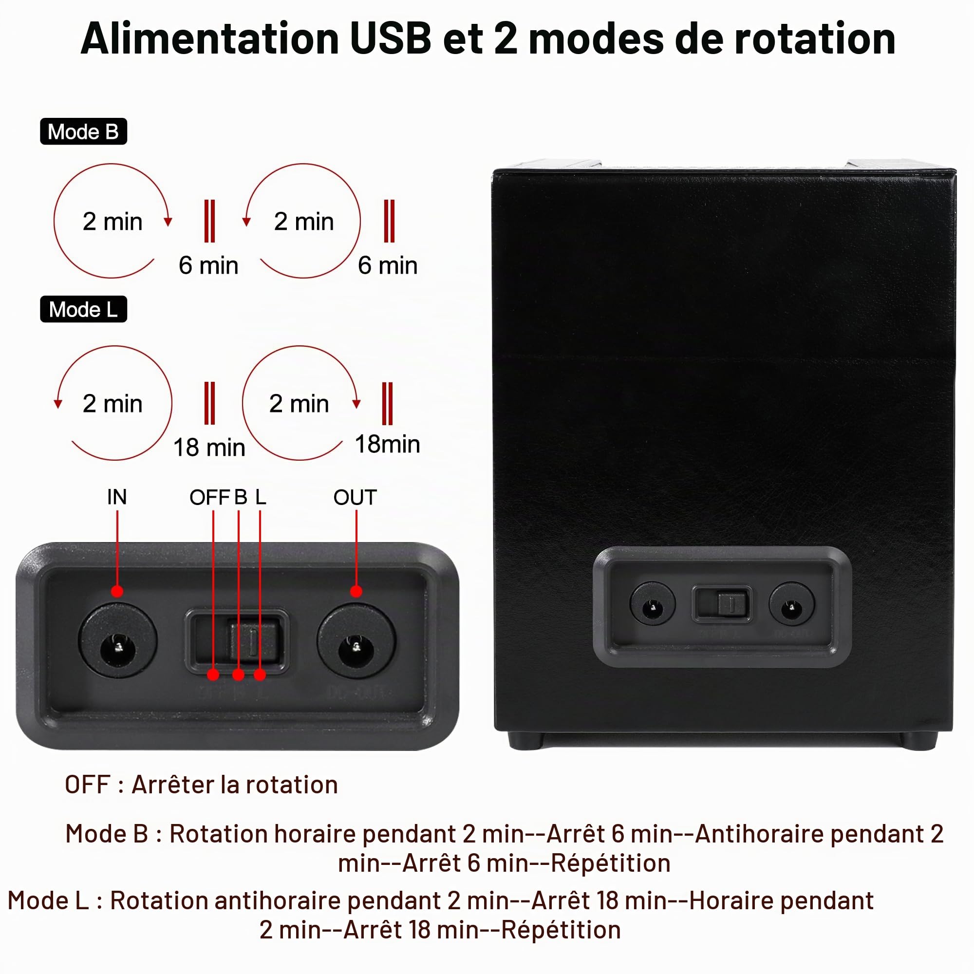 Remontoir Automatique pour 2 Montres automatiques, câble de Charge USB, boîtier de Montre en Cuir synthétique avec Moteur Silencieux, Noir