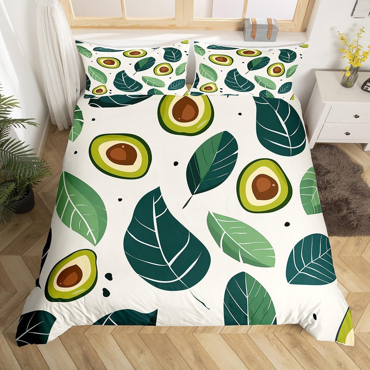 Avocado Duvet Cover Queen Size,Palm Leaves Pattern Bedding Set Kids Boys Girls Room Decor,Black Polka Dots Boho Style Comforter Cover Cartoon Tropical Fruits Plants Printed Quilt Cover,2 Pillowcases