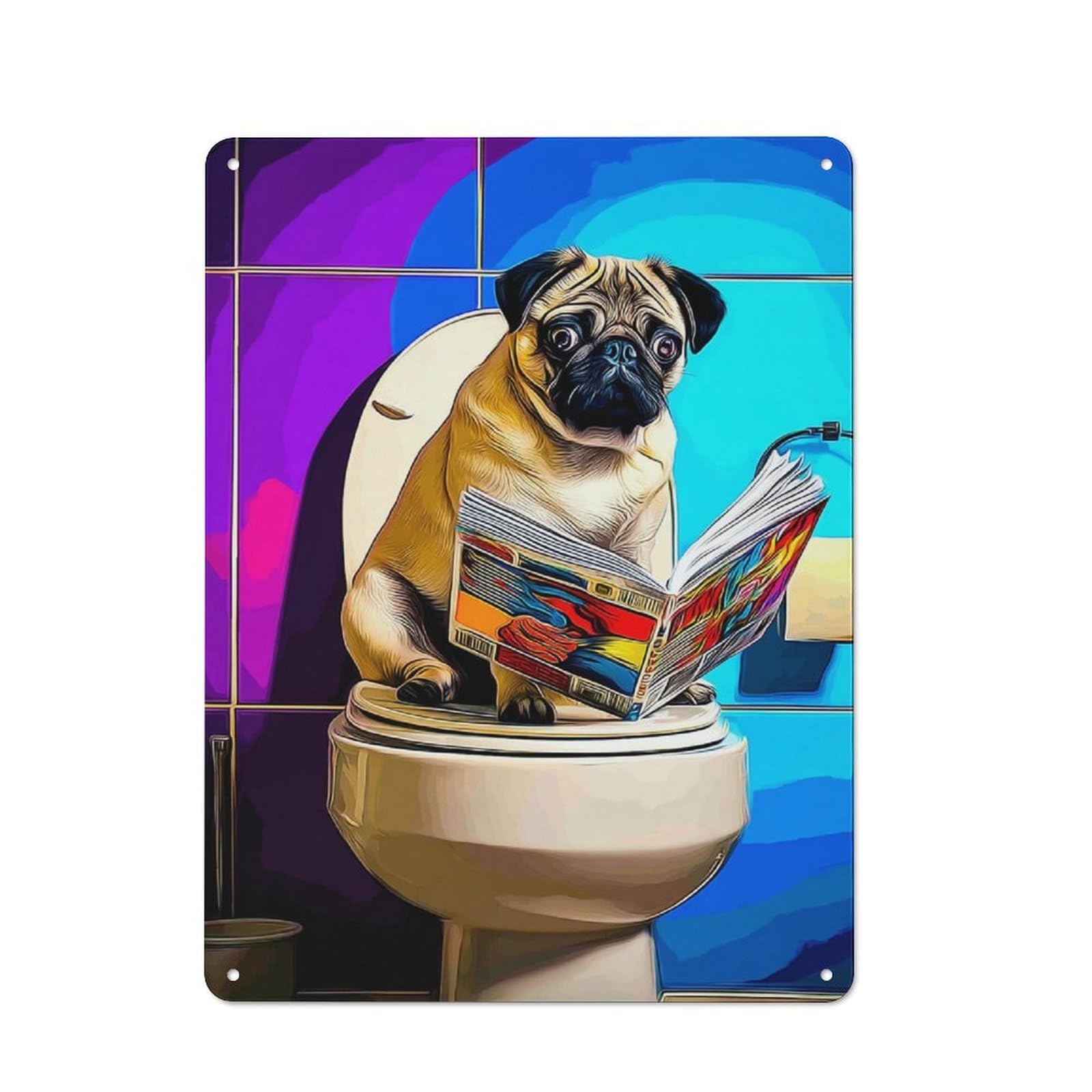 Junmoney Pug On Toilet Reading Magazine Understated Decorative Metal Sign 40X30cm Featuring Study Room Decor For Workspace, Cafe, Shop Or Desk Area