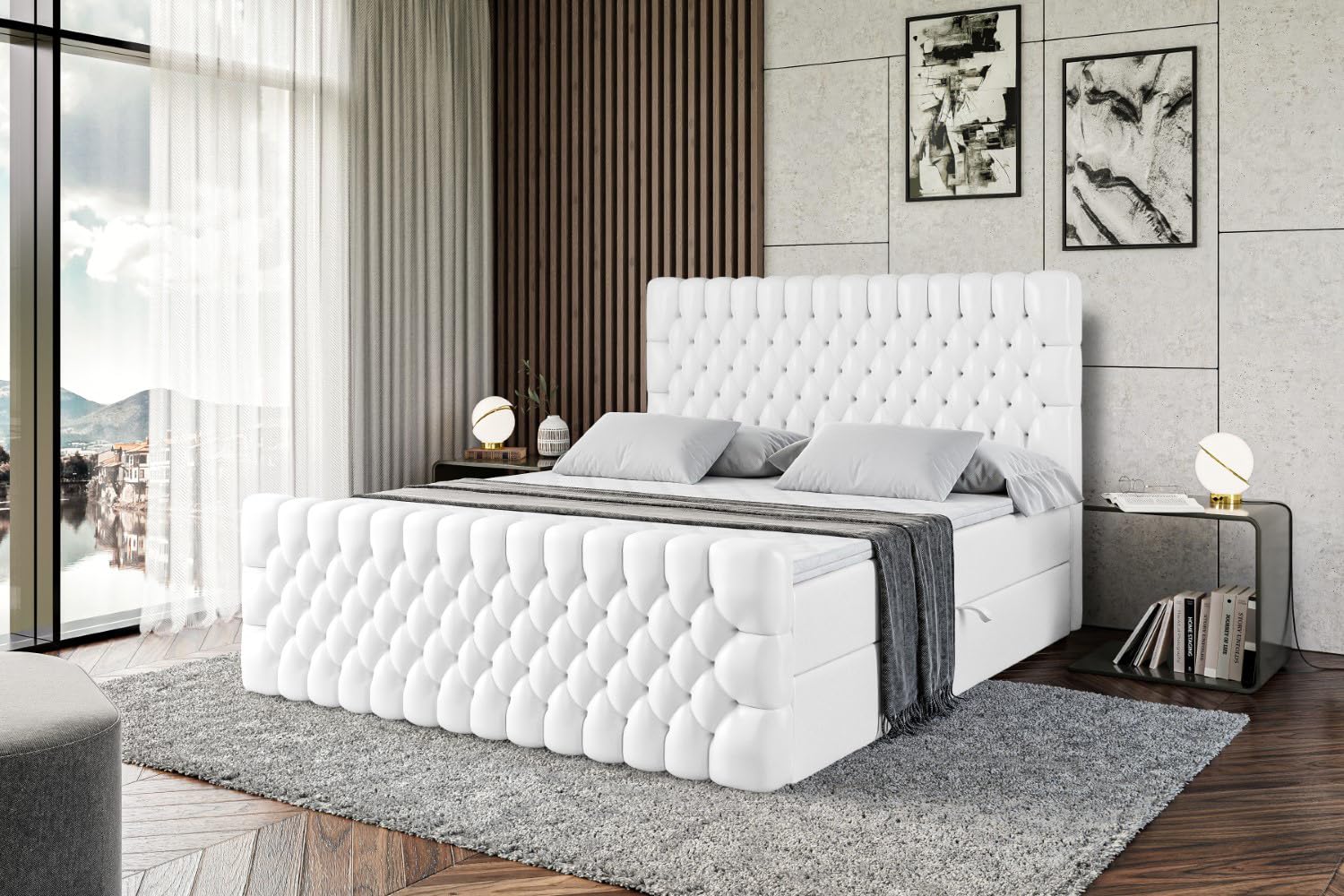 ALTDECOR Boxspringbett mit Matratze und Lattenrost, Boxbett, Topper, Fußteil, Polsterbett mit Bettkasten, Bett mit Stauraum H3-Matratze, Doppelbett, Springboxbett -Serene-Z - 180x200 Weiß Kunstleder