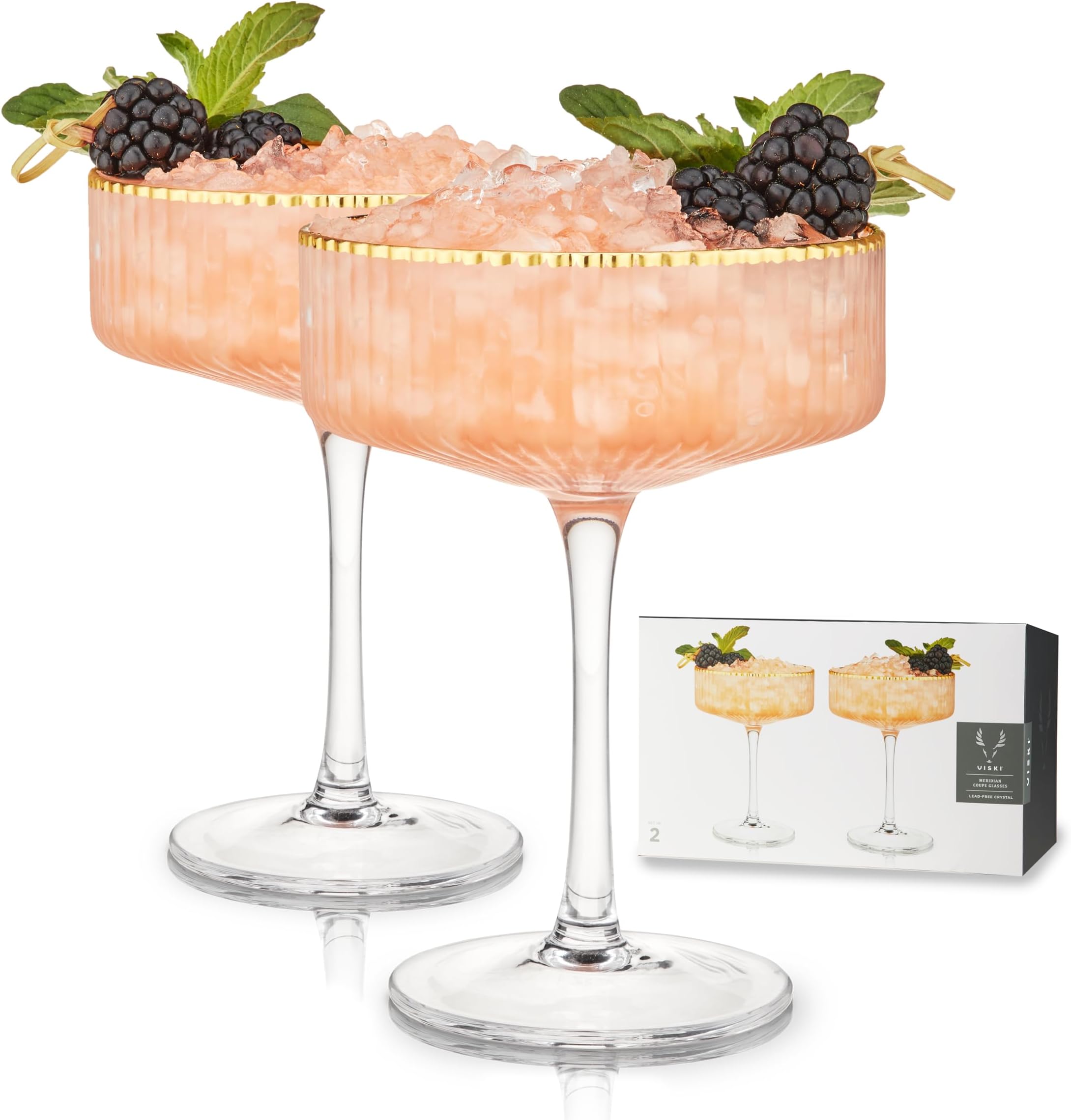 Meridian Vintage Coupe Glasses, Art Deco Champagne Coupe Glassware, Gold Rimmed Stemmed Drinkware Set of 2, 11.5 oz
