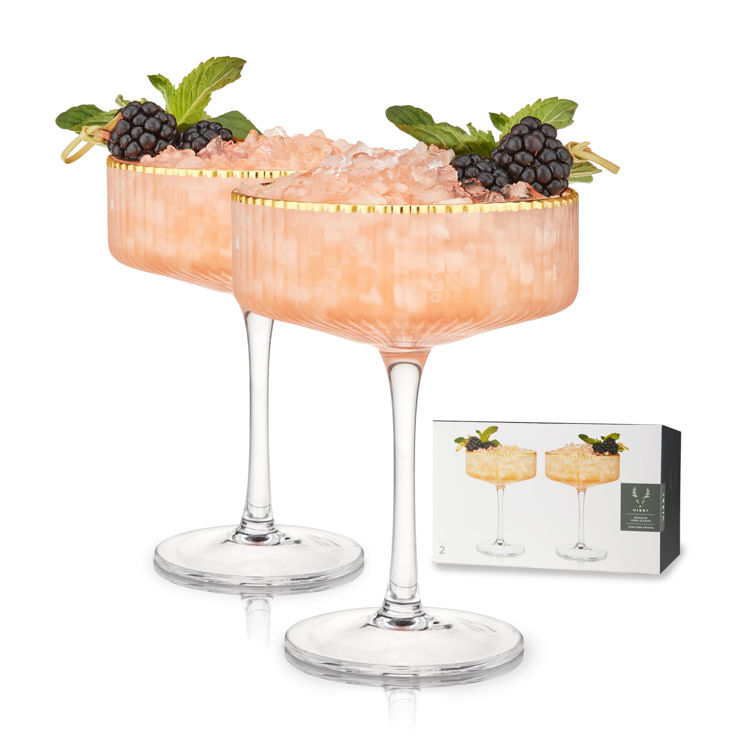 Viski Meridian Vintage Coupe Glasses, Art Deco Champagne Coupe Glassware, Gold Rimmed Stemmed Drinkware Set of 2, 11.5 oz
