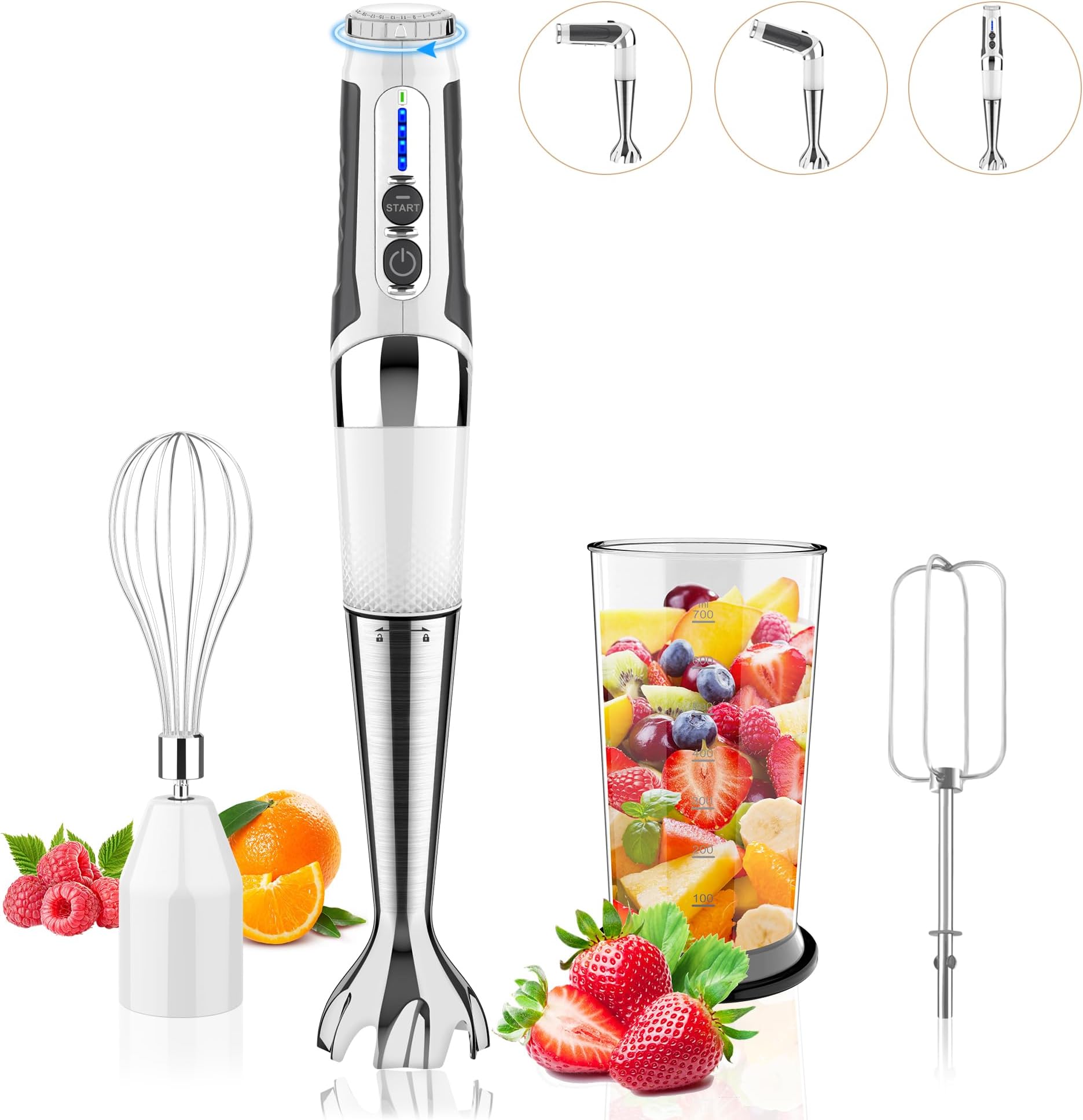 Cordless Immersion Blender Handheld: 3-in-1 Rechargeable Electric Hand Blender Stick, 21-Speeds & 3-Angle Adjustable with 700ml Beaker, Egg Whisk and Beater for Smoothies, Soup,Puree,Baby Food (White)