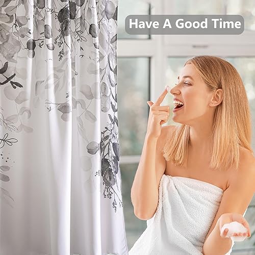 Miniatura 9 de Cortina de ducha de eucalipto blanco y negro para baño con 12 ganchos, cortinas de ducha mejoradas impermeables con hojas de plantas, cortina de