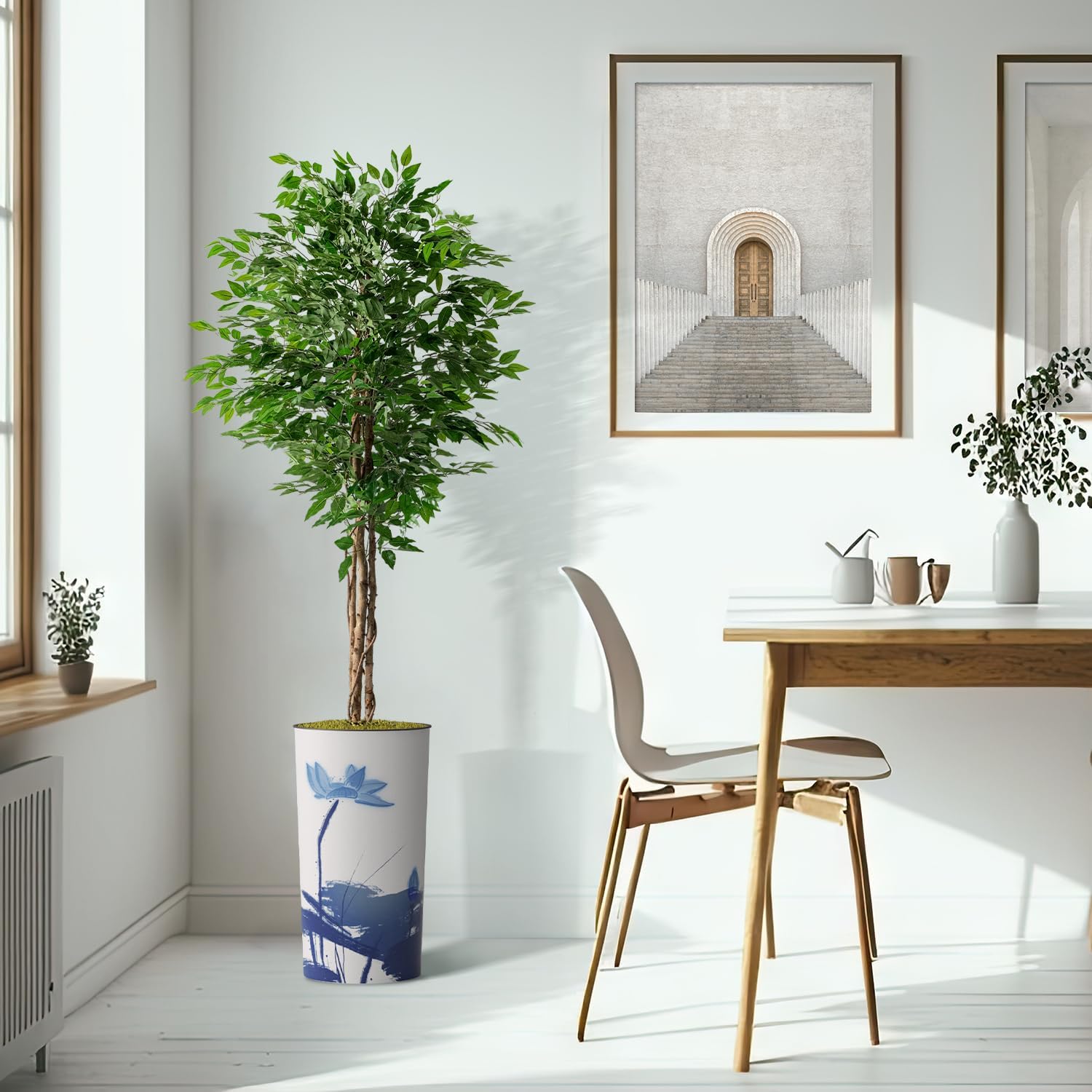 Artificial Tree in Blue Flower and Paint Texture Planter, Fake Silk Palm Tree, Bird of Paradise, Eucalyptus Tree, Ficus Silk Tree, Monstera Silk Tree for Indoor and Outdoor Home Decoration