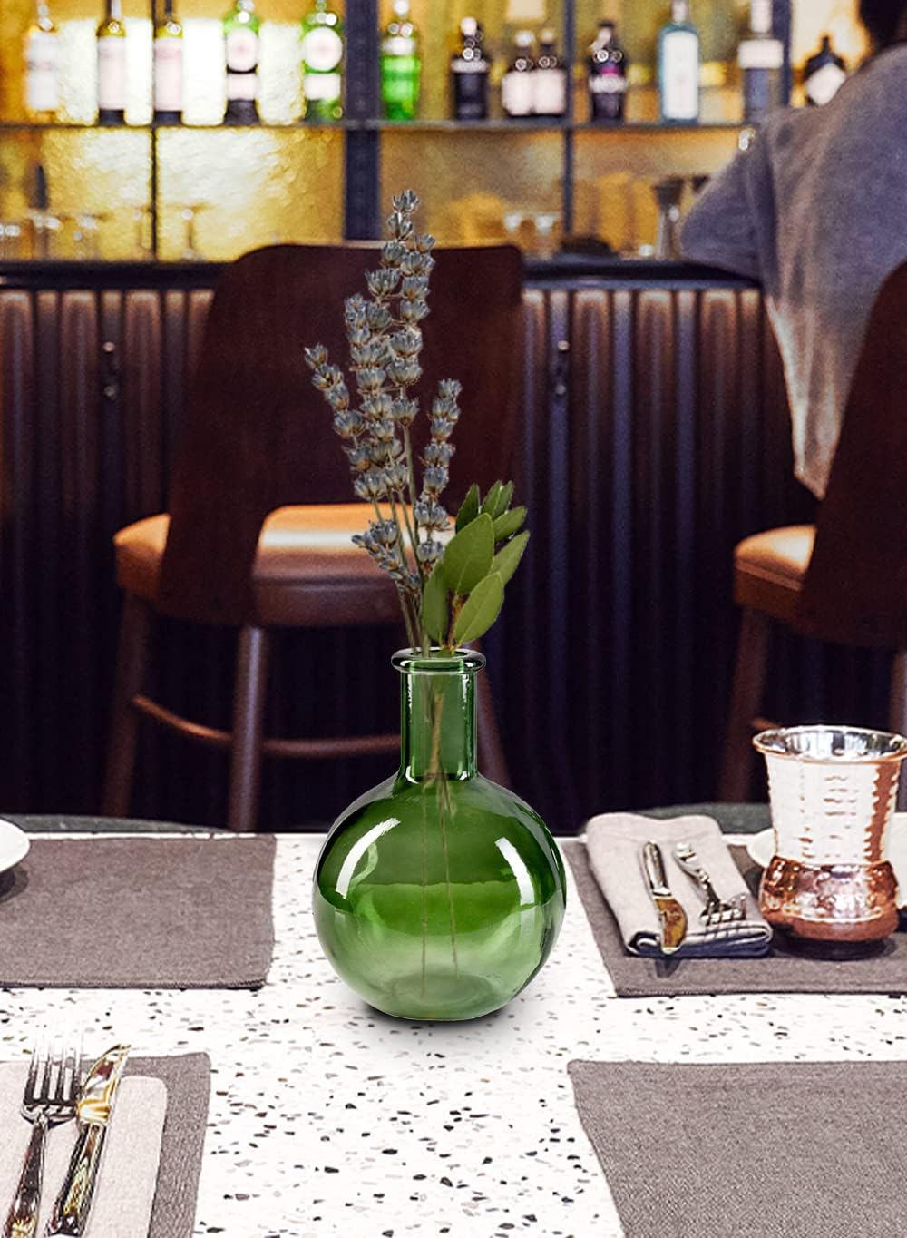 Serene Spaces Living Set of 2 Green Bottleneck Round Glass Vase, Vintage Bulb Flower Vase for Console Table, Shelf, Living Room, Bathroom, Office, Wedding, (5.3 Inches Diameter & 7.48 Inches Tall)