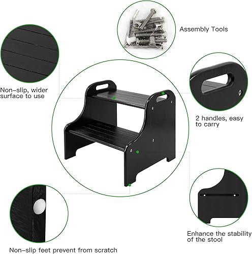 Miniatura 5 de VaeFae Taburete de bambú de 2 escalones con peldaños antideslizantes y 2 asas recortadas (negro)