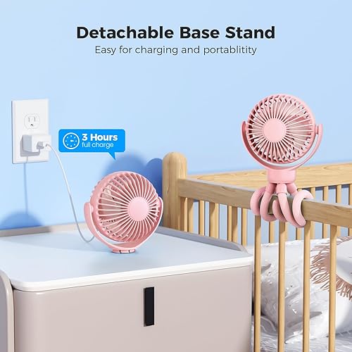 Miniatura 6 de Ventilador portátil para cochecito de bebé, trípode flexible de 3 velocidades, ventilador personal con clip para cama, alimentado por batería