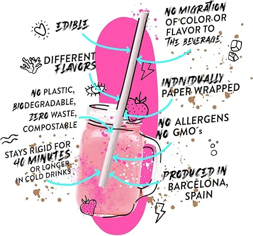 Miniatura 2 de Sorbos Pajitas comestibles, variedad de mezcla de sabores, chocolate, limón, lima, fresa, empaquetadas individualmente, sin PFAS, sin alérgenos, sin