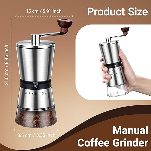 Miniatura 2 de Molinillo de café manual de cerámica con 8 ajustes de grosor ajustables para granos de espresso fríos, prensa francesa, verter sobre goteo, manivela
