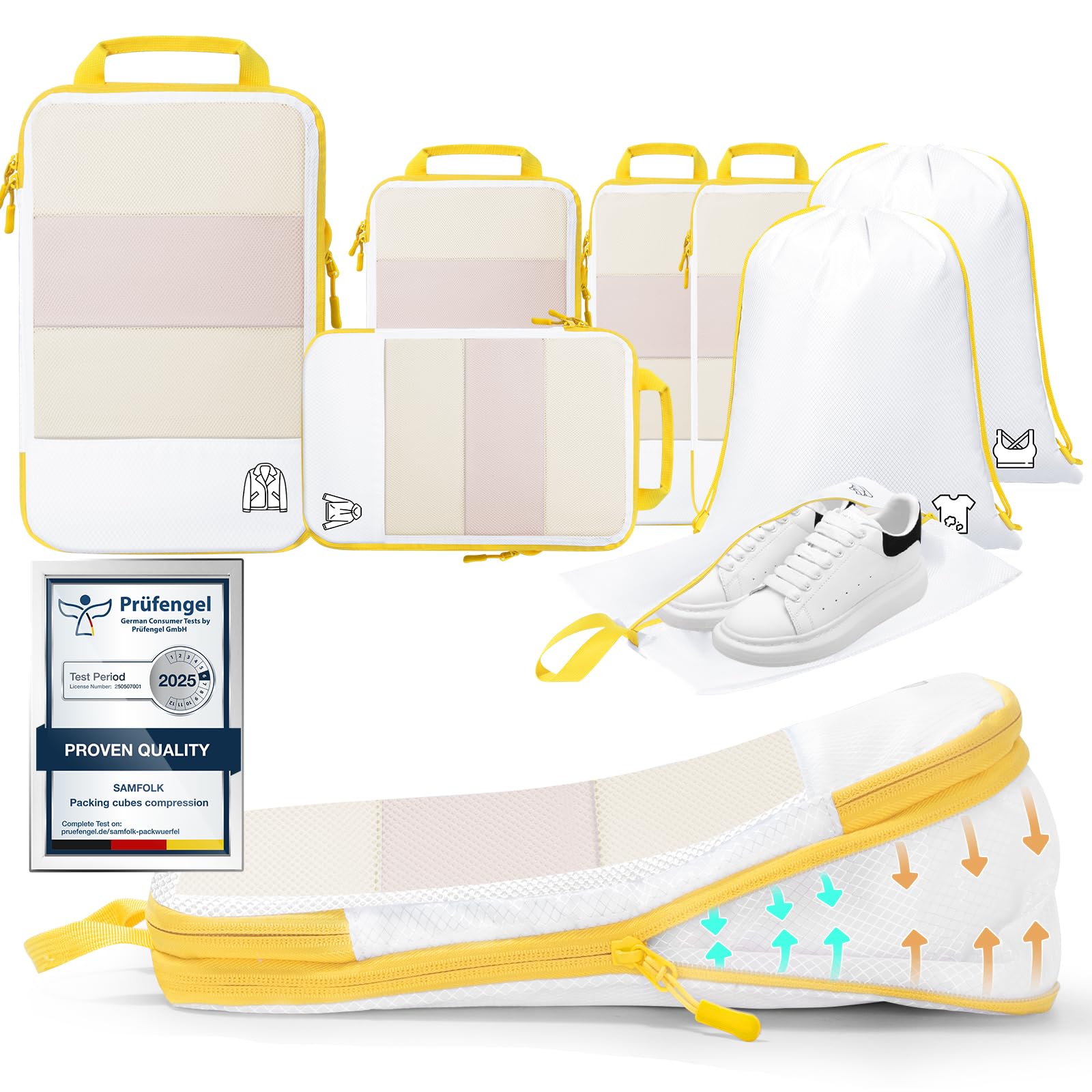 8 Teilige Compression Packing Cubes, Koffer Organizer Kompression PackwüRfel Packtaschen FüR Backpack Rucksack Reisen Organizer Zitronengelb