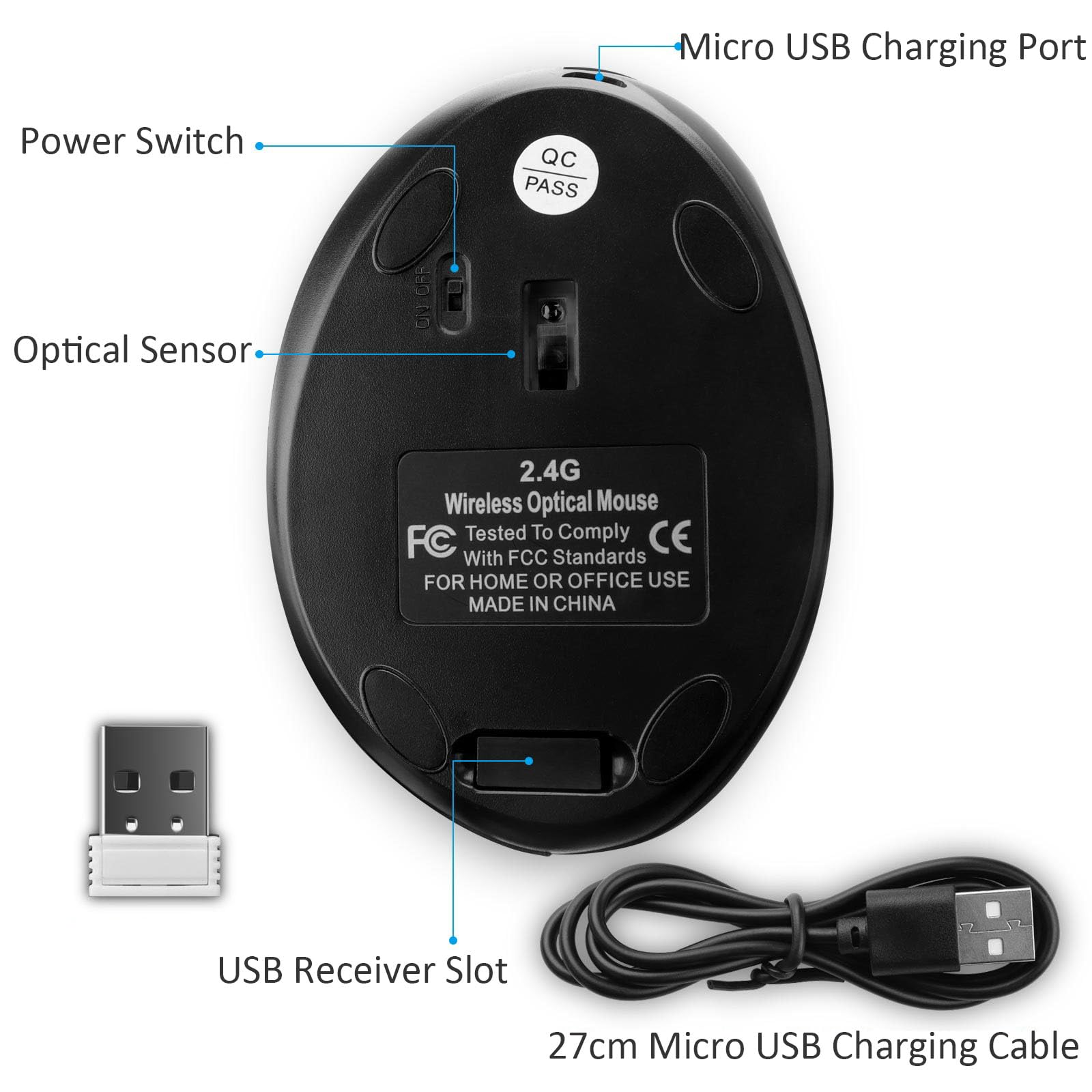Mouse verticale senza fili, 2,4 G, ricaricabile, ergonomico, ad alta precisione, ottico, senza fili, con 6 pulsanti, regolabile in 3 DPI, ricevitore USB per laptop, PC, Mac, notebook (nero)