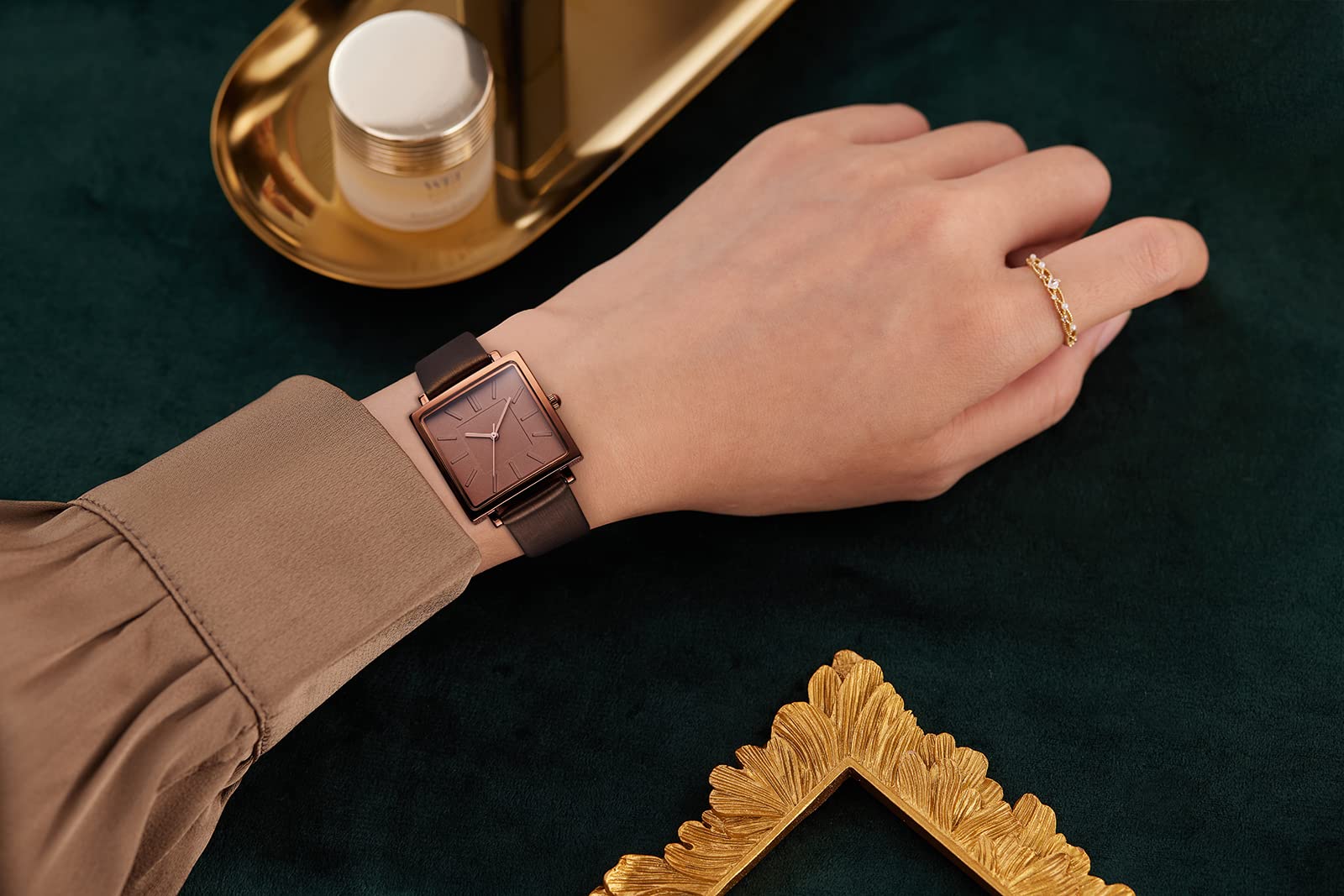 Relojes para mujer con esfera redonda cuadrada de acero inoxidable reloj de cuarzo con correa de cuero genuino satinado elegante minimalista impermeable, Marrón (Brown Square 5
