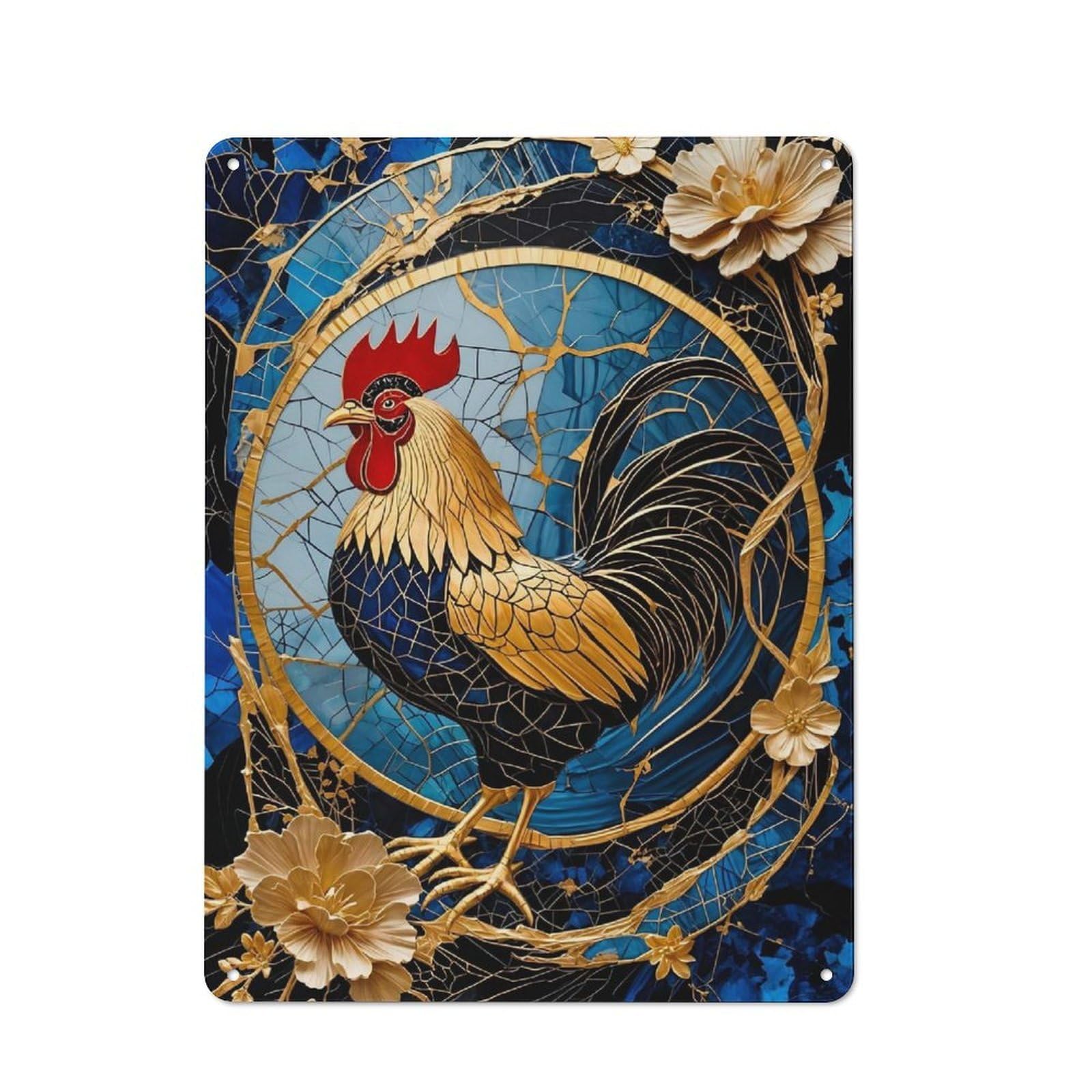 Junmoney Chicken Rooster Kintsugi Art Tin Wall Plaque 40X30cm With For Dining Room Or Kitchen, Tin Sign Wall Decor For Kitchens And Dining Spaces