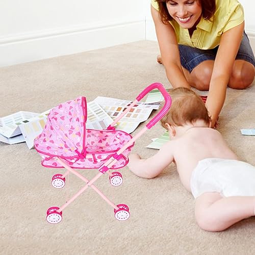 Miniatura 5 de Cochecito de muñeca plegable para mango de empuje ajustable, marco de hierro con ligero juego de simulación, cochecito de muñeca para niños
