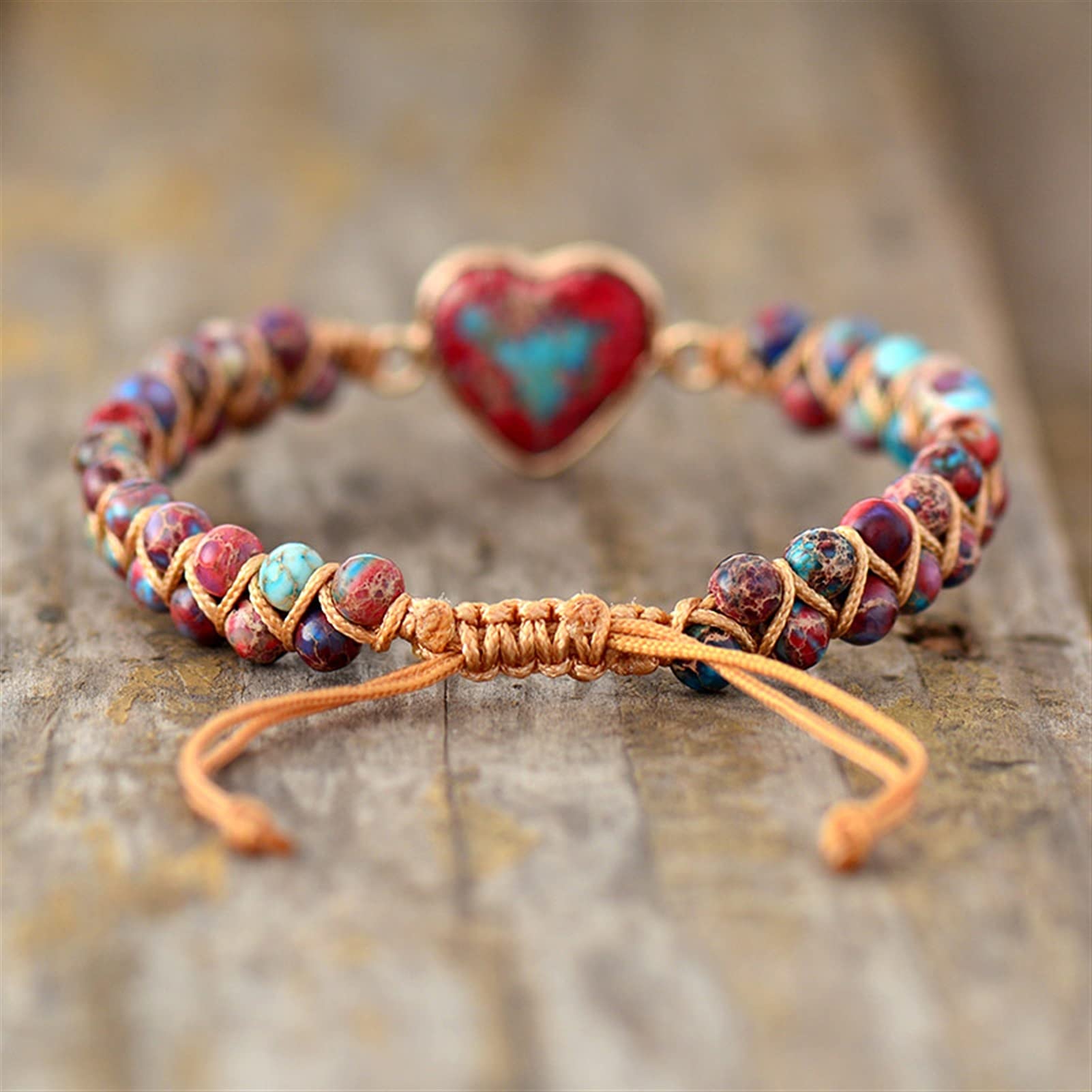 Pulsera de Piedra Natural Pulseras con dijes de corazón de Piedra Natural Pulseras de macramé Trenzadas de Hilo Pulsera Envolvente de Amistad de jaspes Joyería Femenina Pulsera joyería