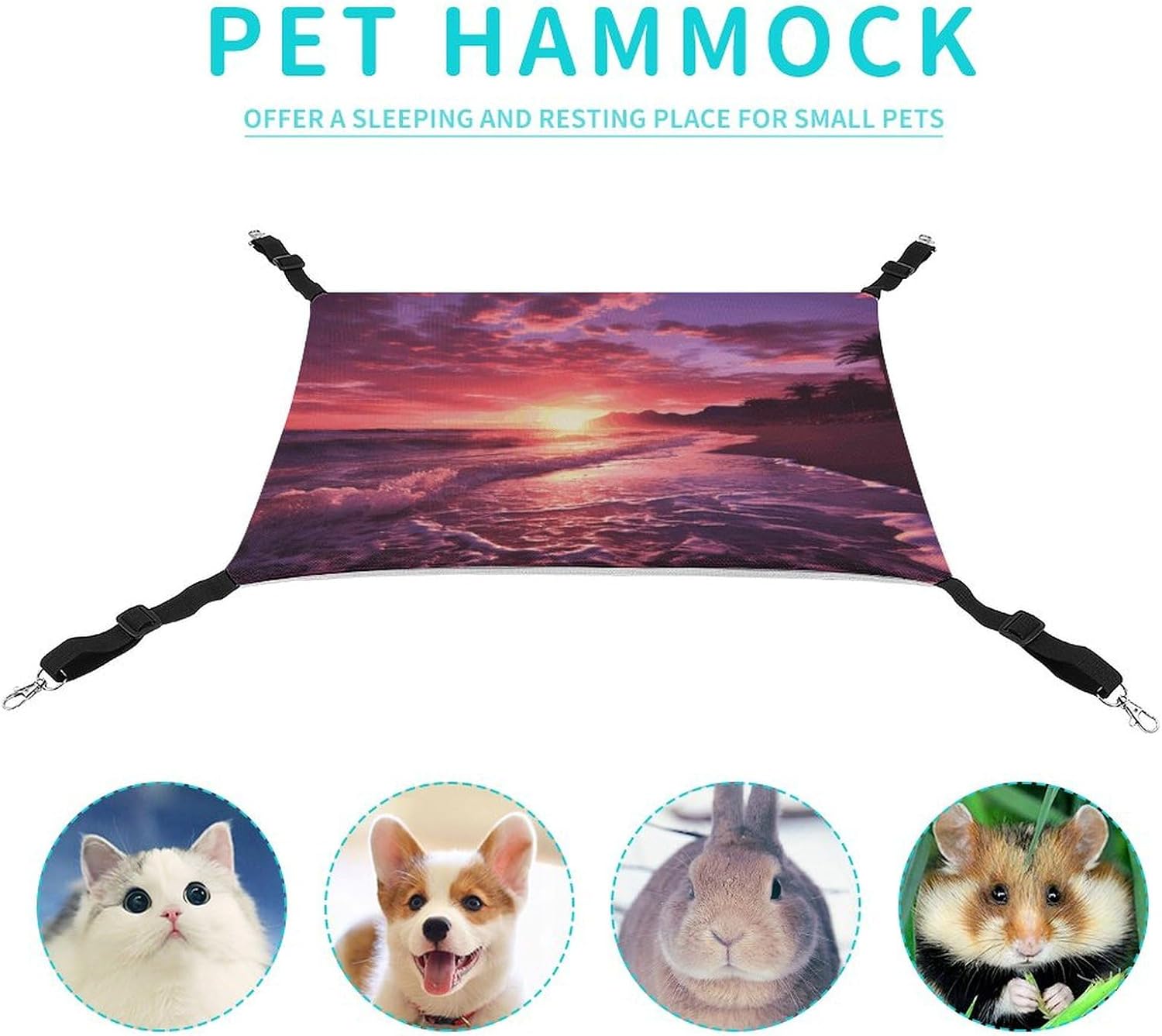 review Hanging Pet Hammock, Beach Sunset Printed Soft Breathable Pet Hammock with Adjustable Straps and Metal Hooks for Cats Small Dogs Rabbits Sugar Gliders