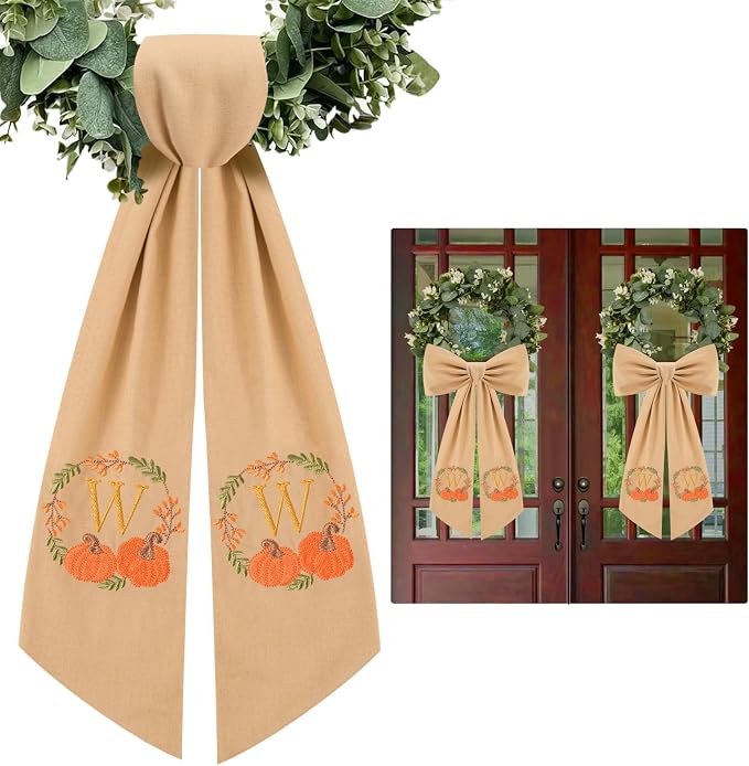 2 Pcs Fall Wreath Sash for Front Door Embroidery Monogram Pumpkin Ribbon Sash for Fall Thansgiving Yard Porch Decor (Letter W)