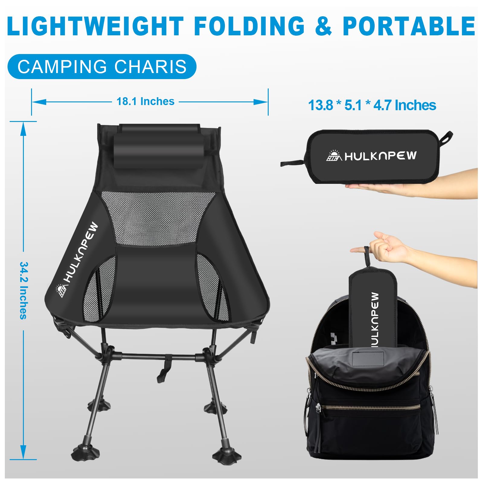 HULKNPEW Portable Chairs, Ultralight Folding Camping Chair with Pillow Compact Folding Lawn Chairs for Camping, Travel, Hiking, Picnic and Adventures, Lightweight Chair Easy to Set up and Carry