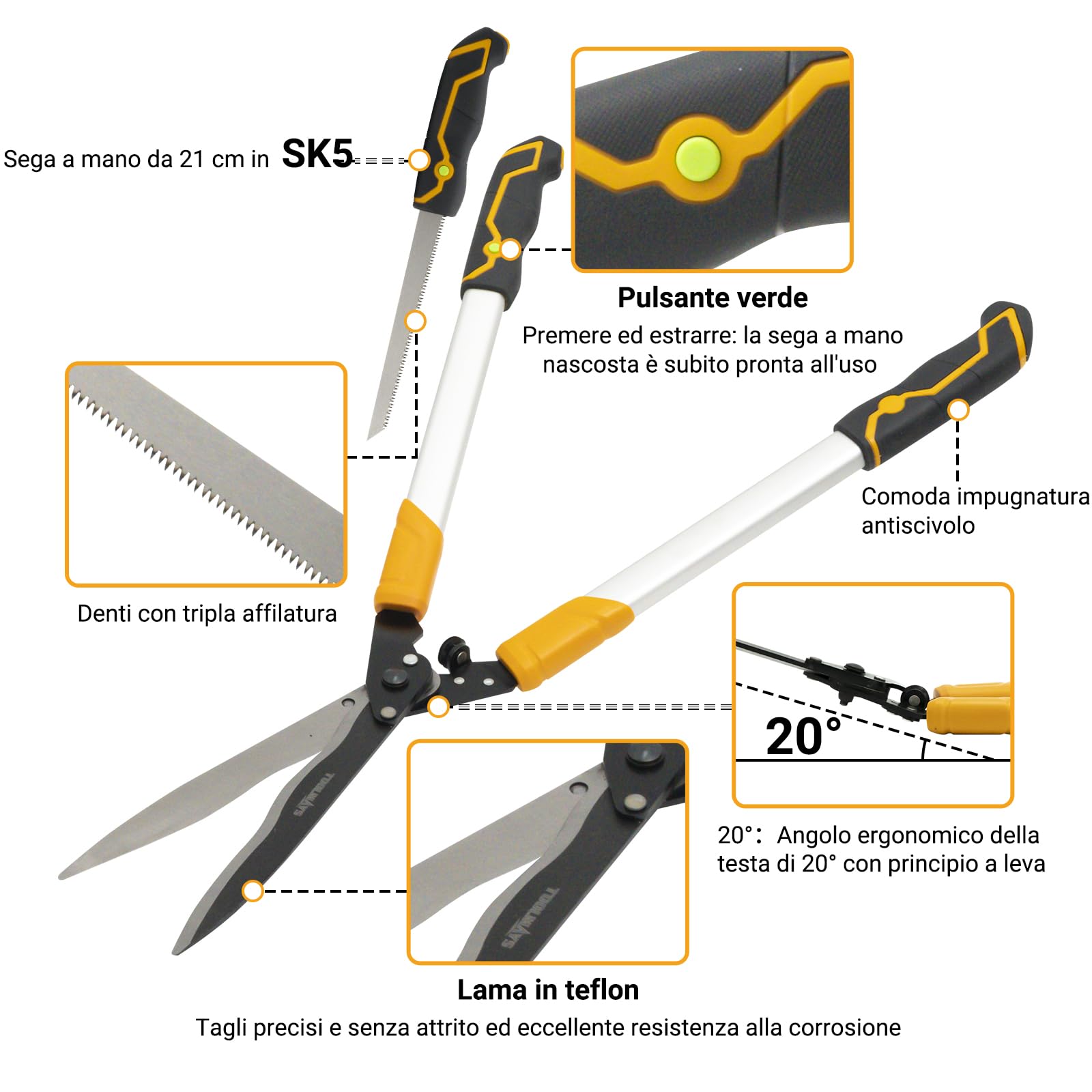 Tagliasiepi 78 cm, cesoie da giardino con sega a mano da 21 cm, cesoie professionali manualmente con design a testa angolata di 20°