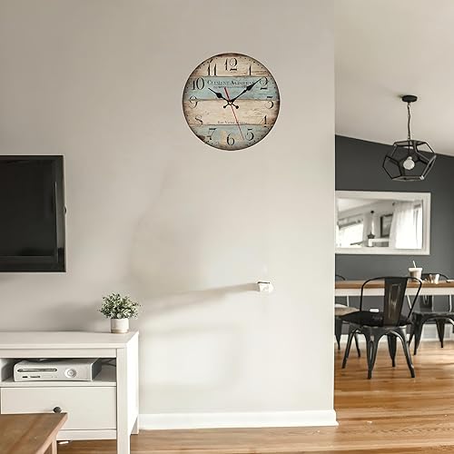 Miniatura 4 de Reloj de pared redondo de madera de 12 pulgadas, silencioso, vintage, rústico, estilo náutico, números arábigos, ideal para sala de estar,