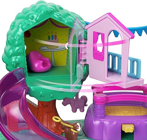 Miniatura 4 de Polly Pocket Pollyville Playground Adventure Playset, muñeca Micro Polly, casa del árbol, tobogán, castillo animoso, gimnasio de la selva, carrito
