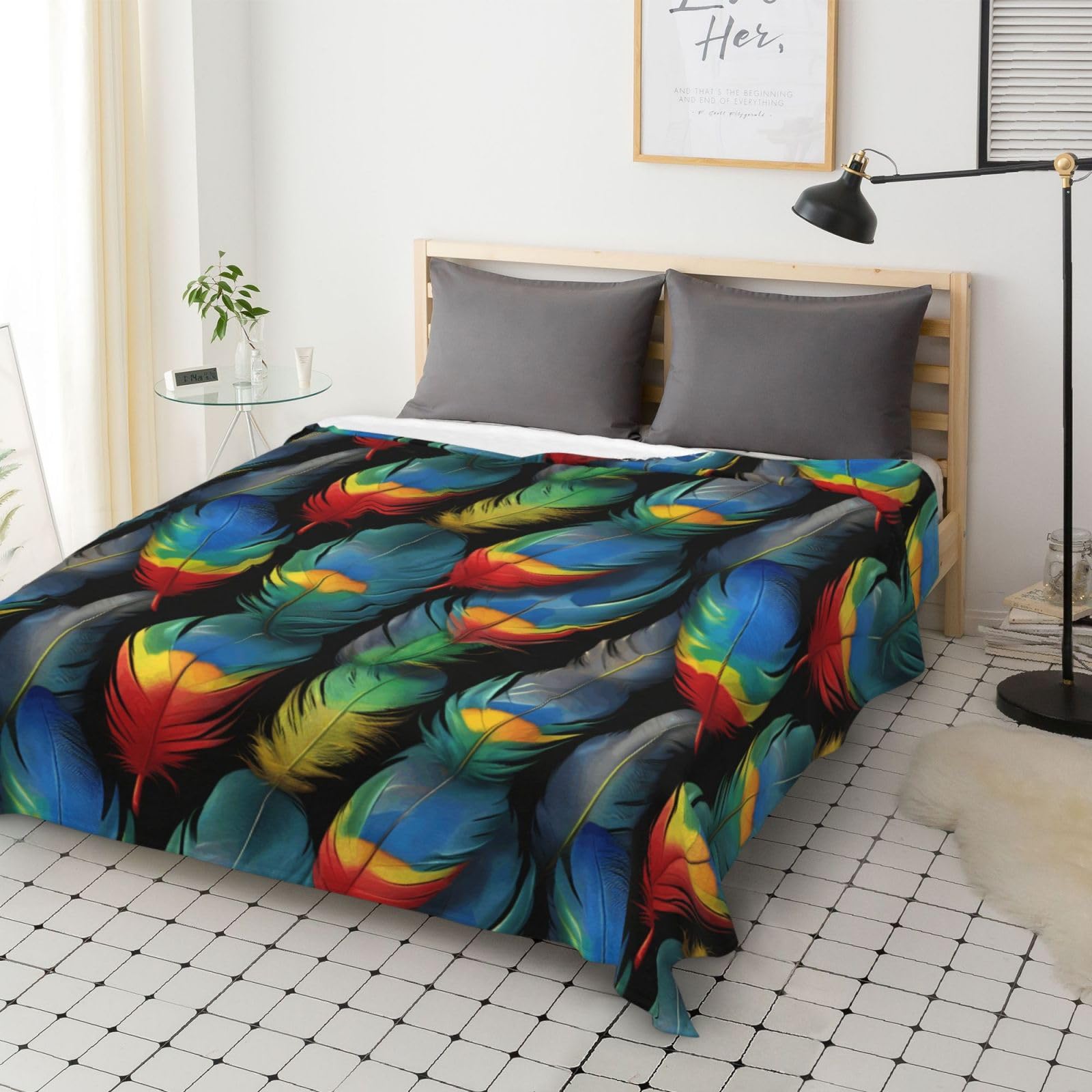 Gemütliche Winter-Flanelldecke, 70 x 80 cm, Papageienfeder-Druck, Überwurf für Sofa, Bett, Camping, weich, warm, perfekt für Heimdekoration und Außenbereich