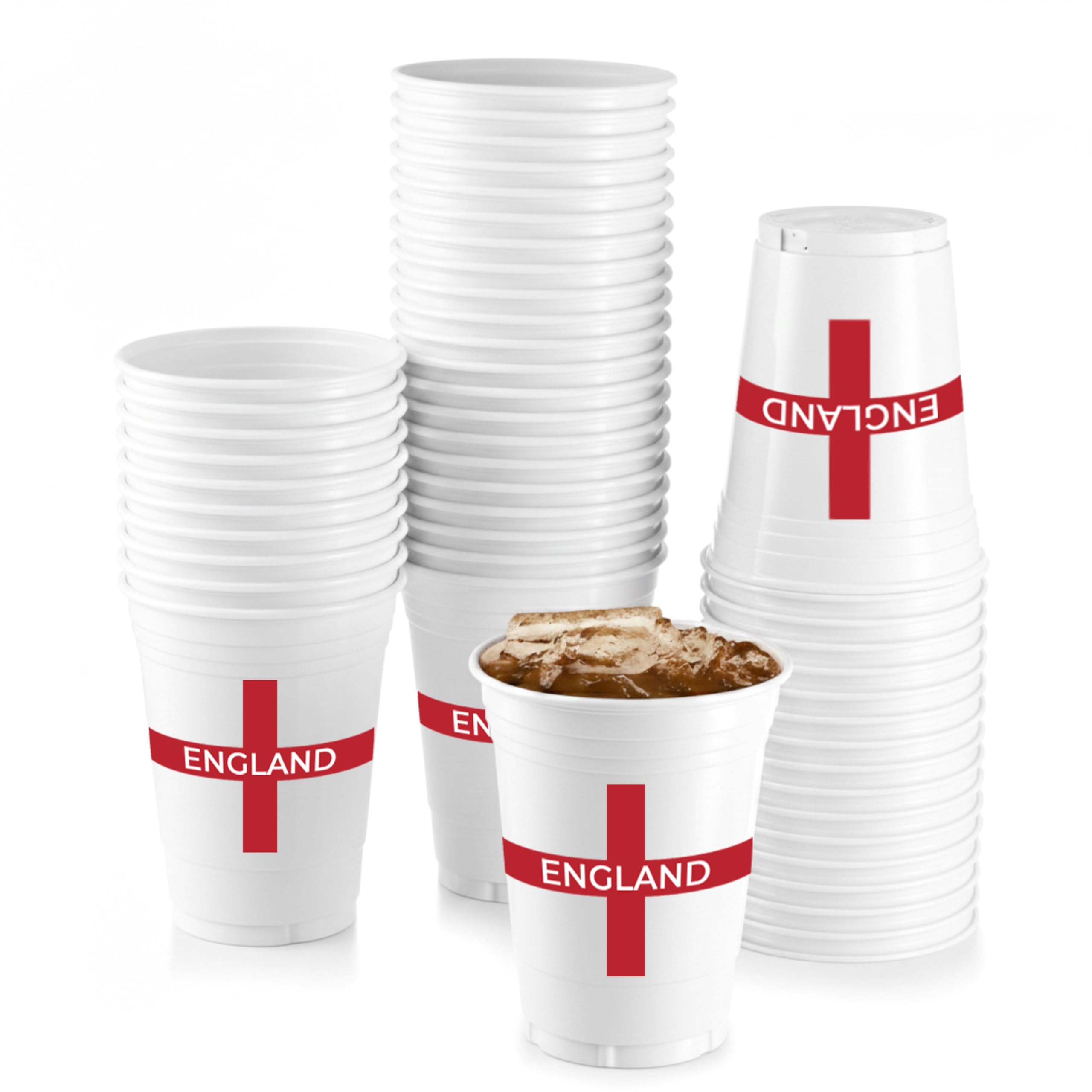 Komonee 48 x England White Cups 500ml (16oz) - Wide Rimmed Disposable Plastic Glasses for World Cup, Football, Euros, Rugby, Parties & Adult Novelty