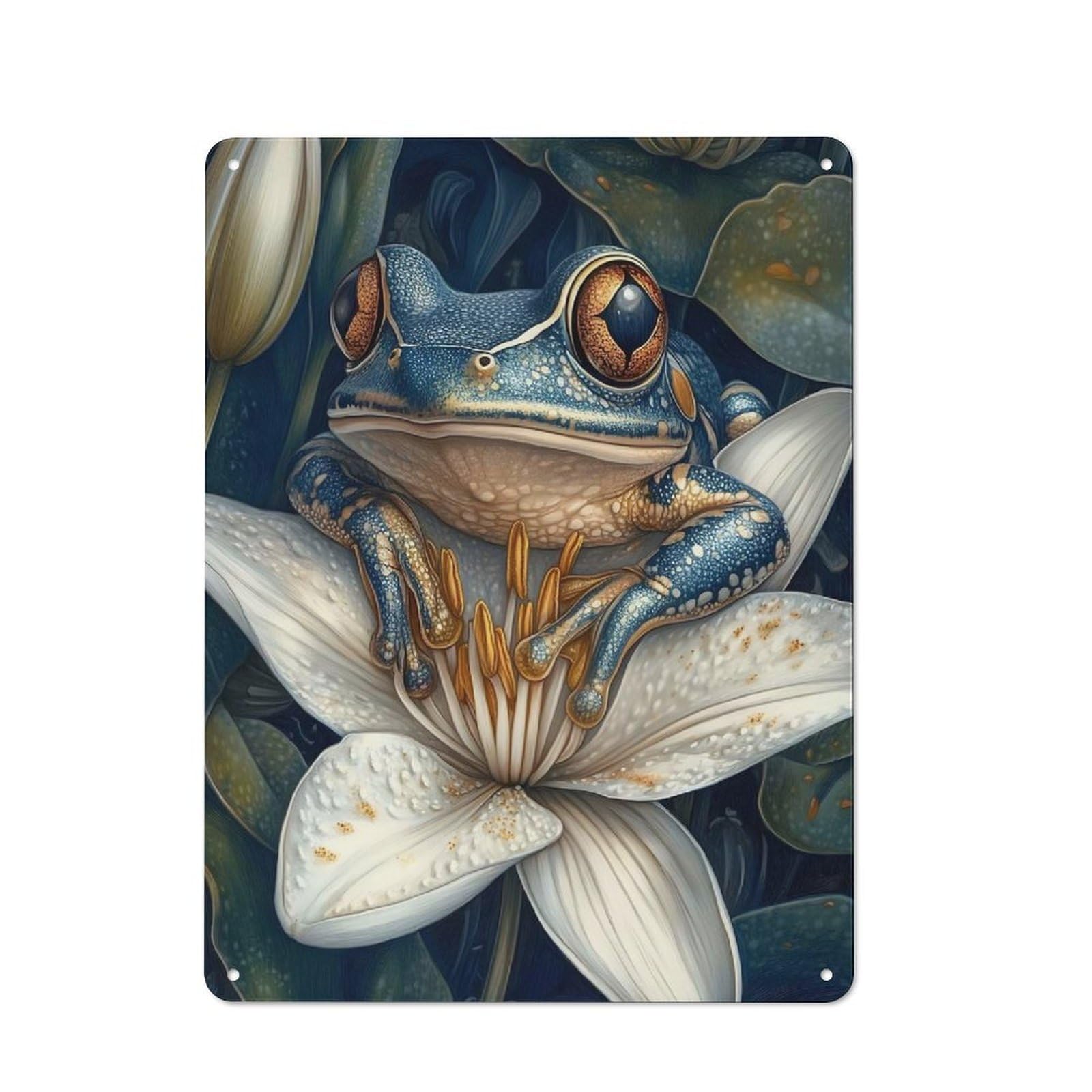 Junmoney Blue Frog On Lily Tin Wall Sign 40X30cm, Character Room Wall Plaque For Bedroom, Kitchen, Office Or Living Room