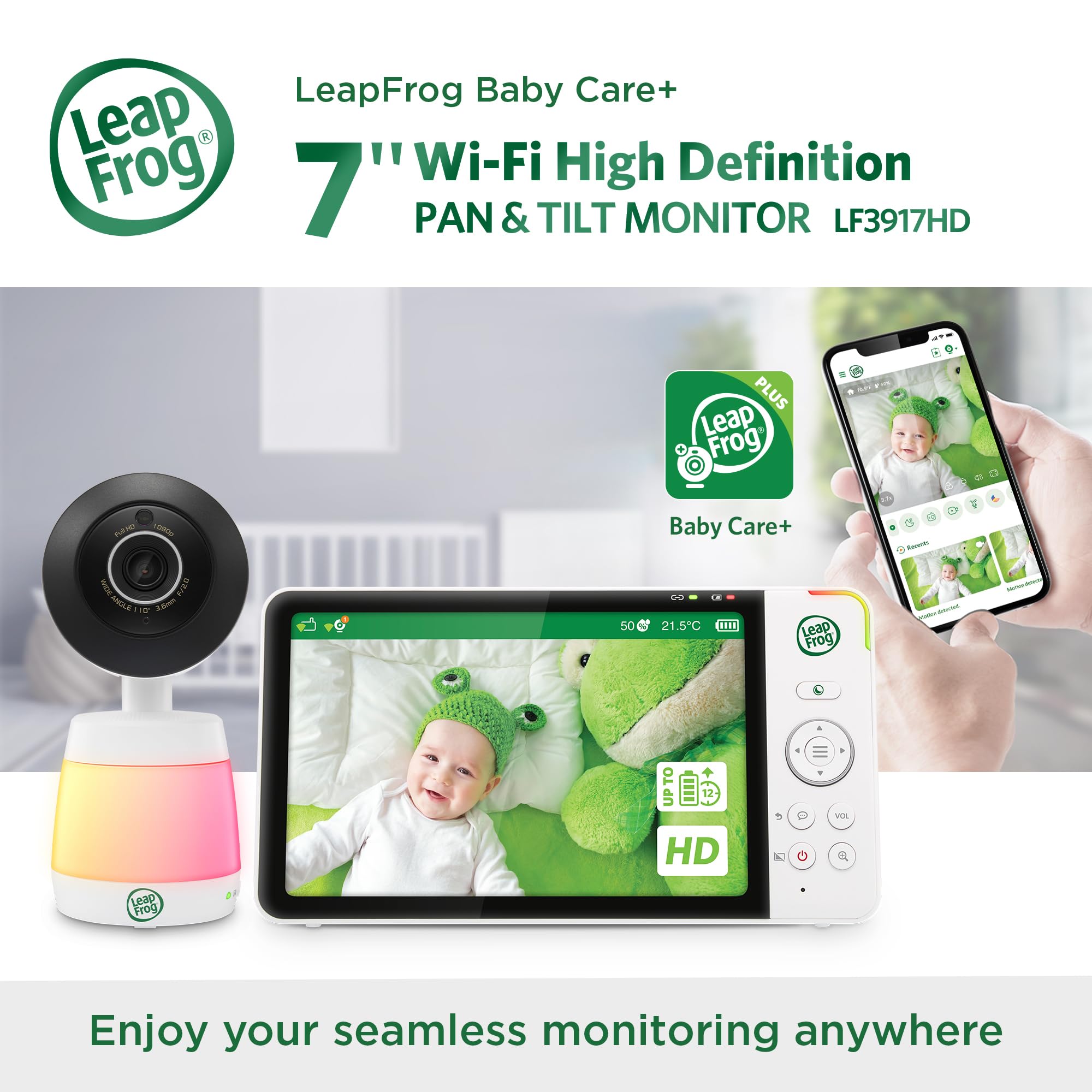 Leapfrog LF3917HD Smart WiFi Video Baby Monitor with Camera & Audio,Remote Camera Pan-Tilt-Zoom,7" HD 720p Display,110 Wide-angle view,Color Night Vision,Adaptive Touch Color Night Light,Two way talk - Image 2