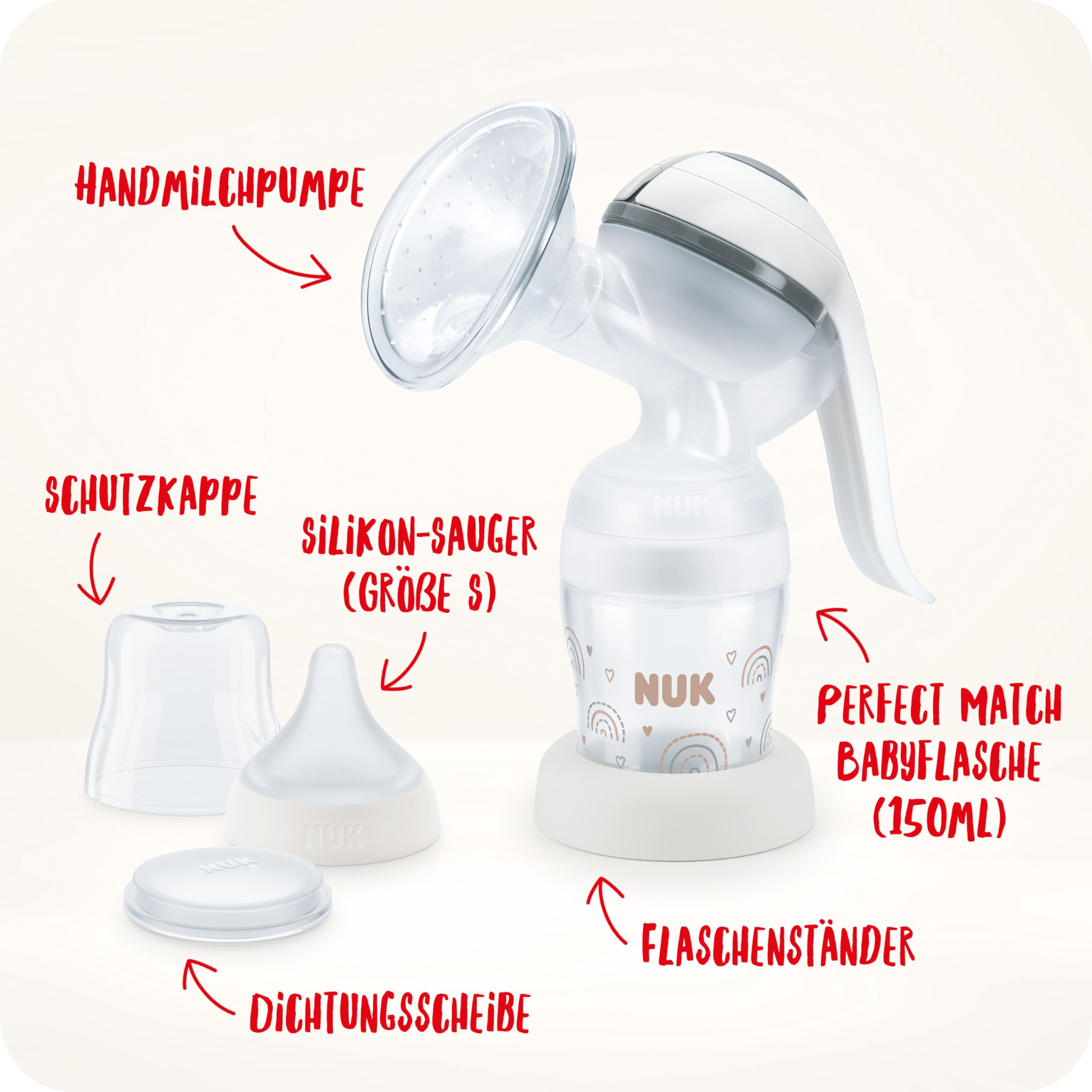 NUK Handmilchpumpe | Weiches Silikonkissen | Ergonomischer Pumphebel | Mit Perfect Match Babyflasche | 150 ml