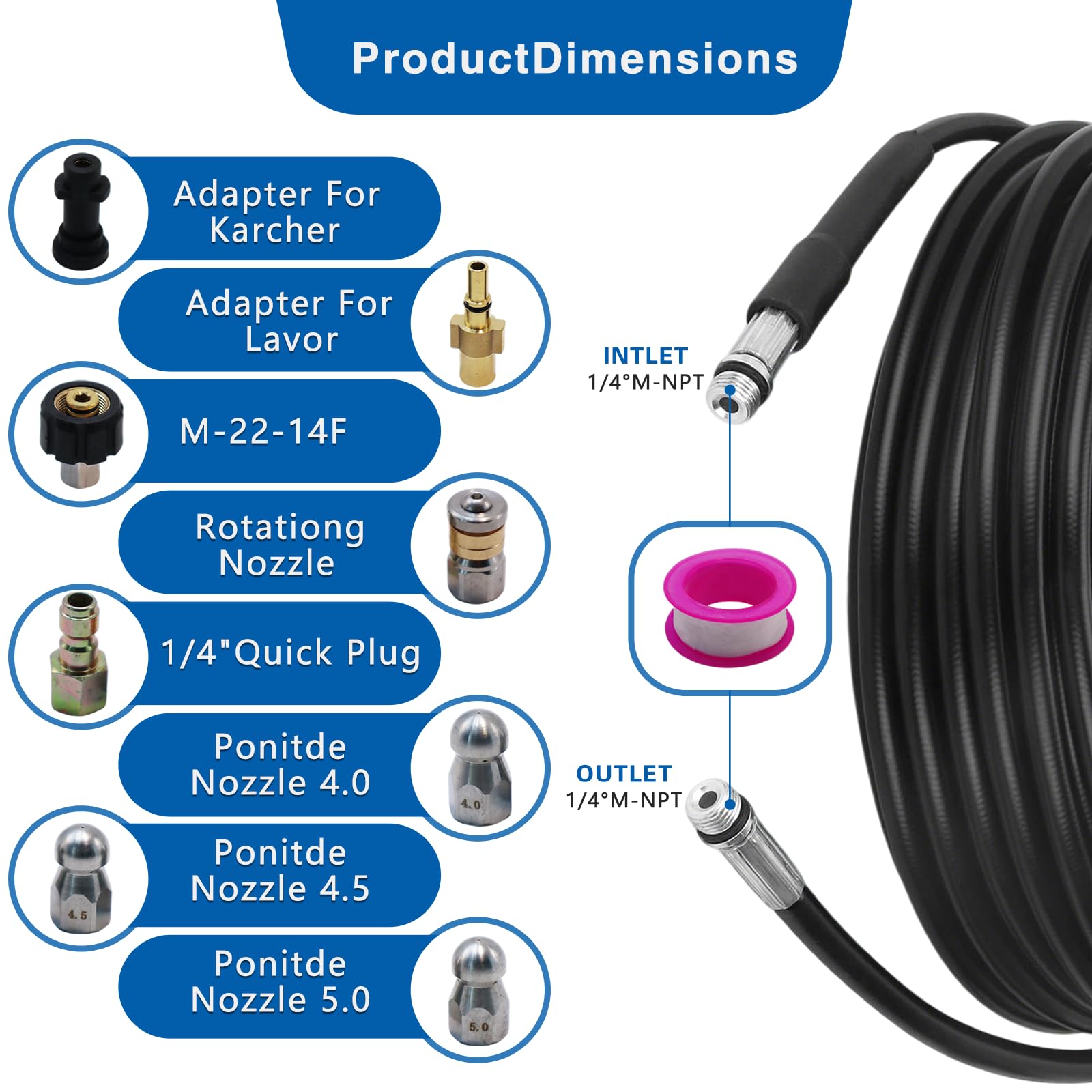 Kit de limpieza de manguera de drenaje de alta presión de 30 m, compatible con Karcher K2 - K7 Series y Bosch AQT, manguera de chorro de alcantarillado de 400 bares, chorro de drenaje para lavadora a
