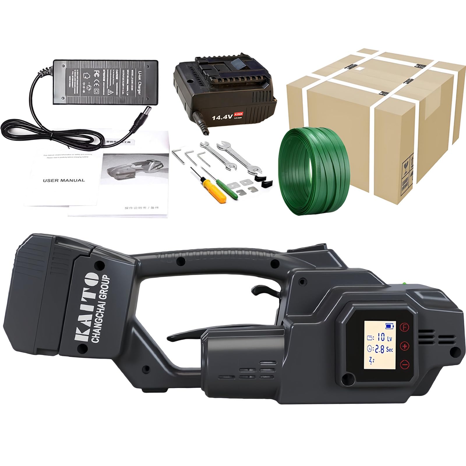 YXYLJOZ Portable Fully Automatic Plastic Strapping Machine - PP/PET Strap with Hot Melt Technology, 4000mAh Battery, LED Screen for Factories & Warehouses, Includes 2 Batteries (1 Battery)