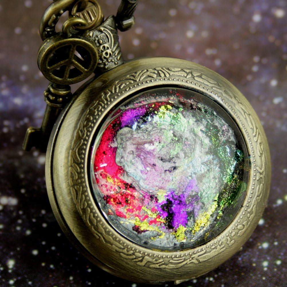 Steampunk Pocket Watch Necklace Pirate Gothic Victorian Locket Pendant Charm Universe Galaxy Face Glow in the Dark