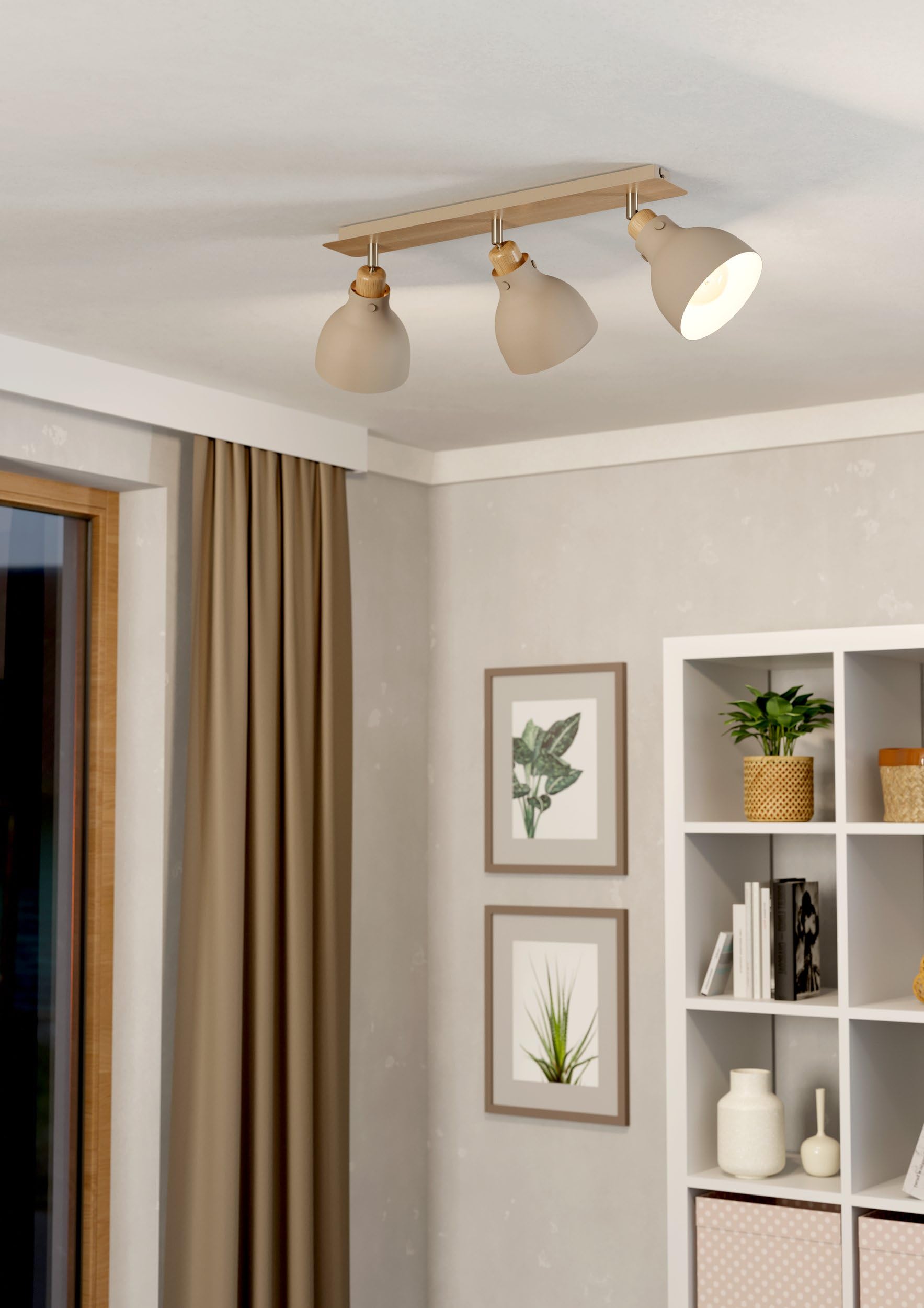 EGLO Deckenstrahler Arrecife, 3-flammige Deckenlampe mit schwenkbaren Spots | Deckenleuchte aus Metall in Sandfarben und natürlichem Holz in Eiche, Deckenspot mit E27 Fassung