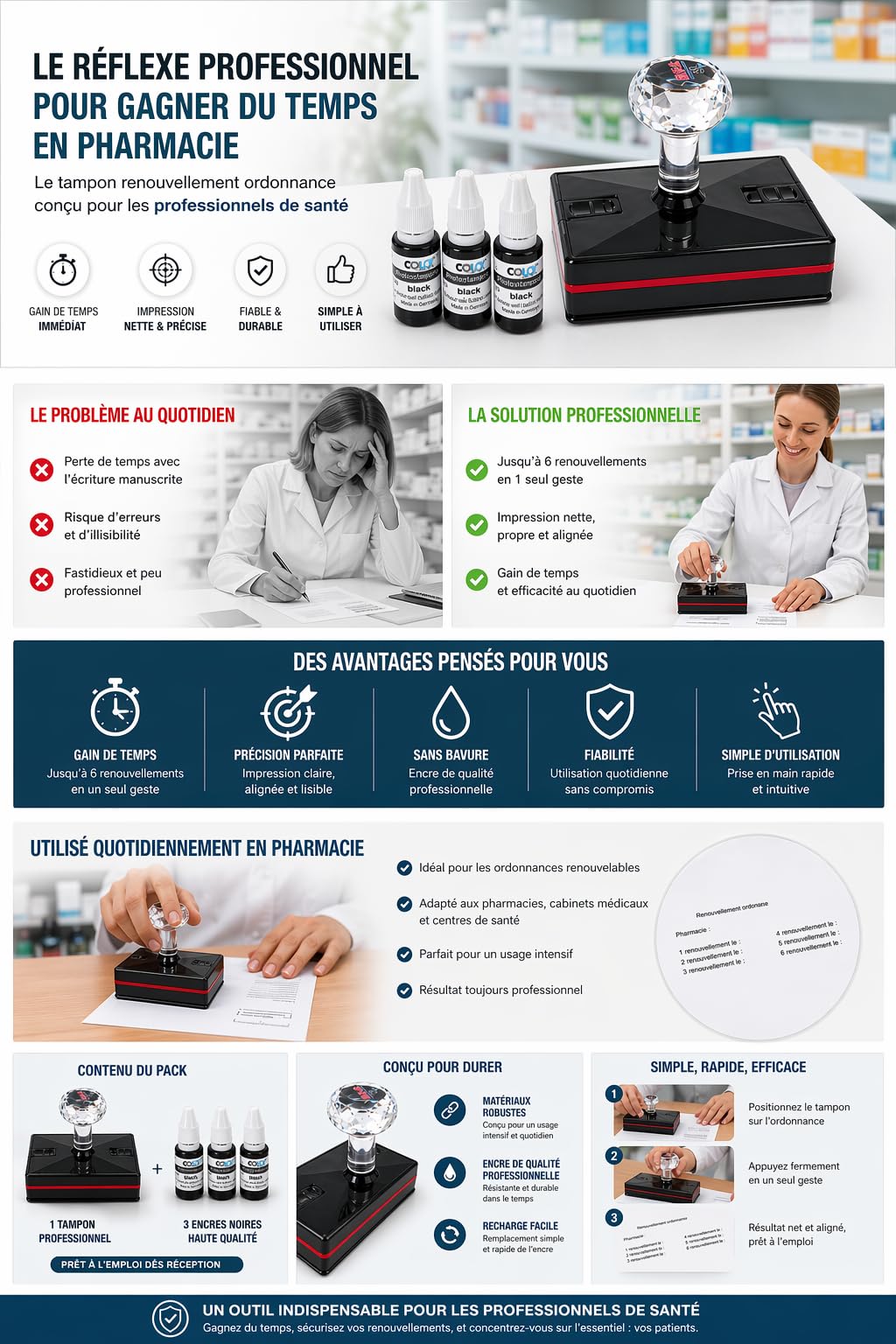 Tampon Renouvellement Ordonnance pharmacie – Tampon Encreur Automatique 6 Renouvellements – Kit avec 3 Encres Noires – Impression Nette et Rapide – Usage Professionnel Officine et Cabinet Médical