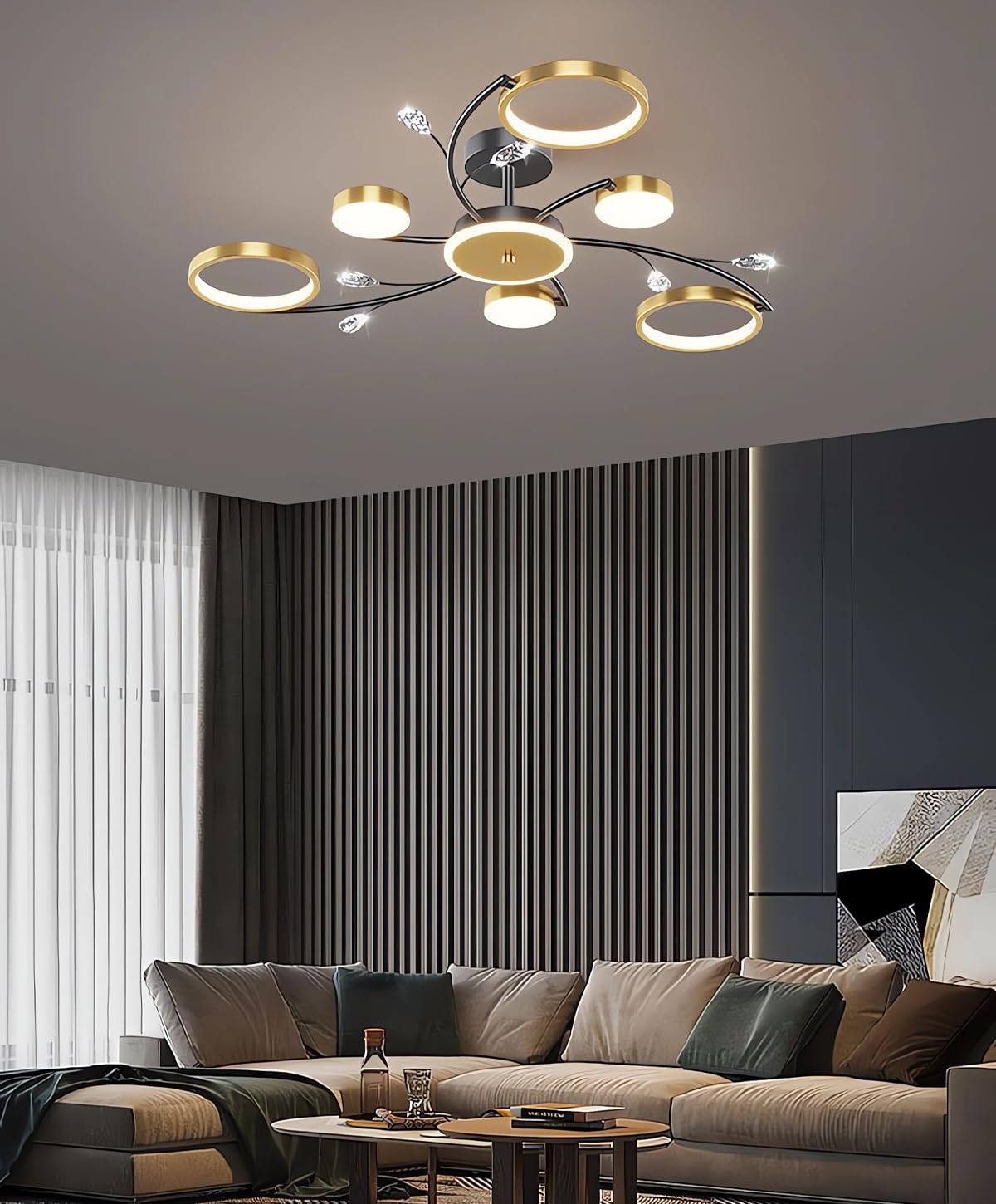 Moderne LED Deckenlampen Wohnzimmer Einbauleuchten Schlafzimmer Gold Dimmbare Deckenleuchten Pendelleuchten Mit Fernbedienung Geeignet FüR KüChe Esszimmer BüRo Deckenleuchte (6+1)