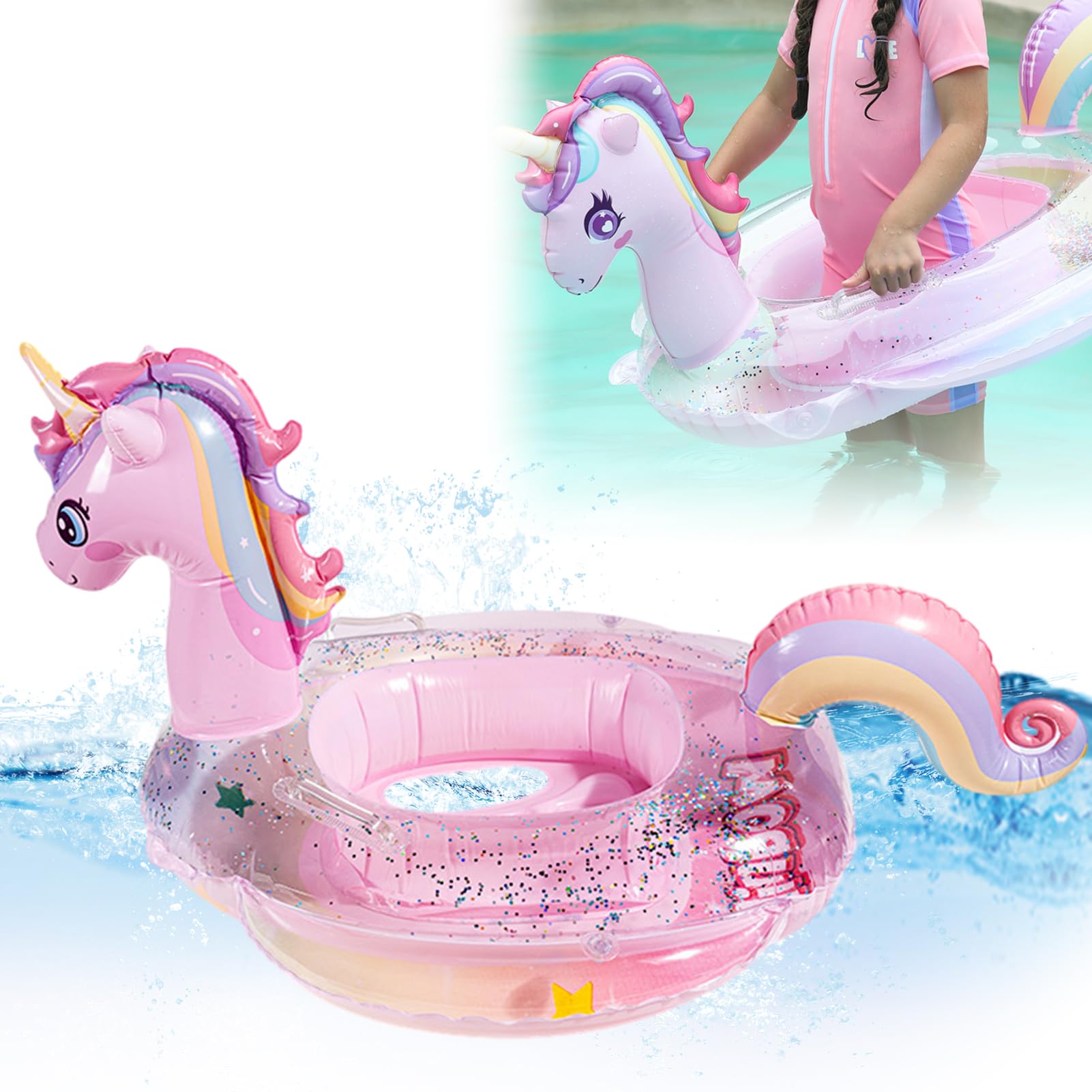 Flotante Bebe de Unicornio Piscina Hinchables Niños Flotadores Baby Pool Float Unicornio Bebe con Asiento Anillo de Natación Ayuda la Flotación para Niños de 6meses a 3años