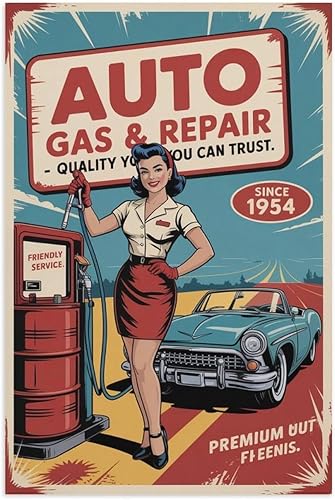 Auto Gas And Repair Poster Vintage Fuel Service Retro Gas Station Wall Art for Garage Auto Shop And Cafe Printing Posters Unframe-style
